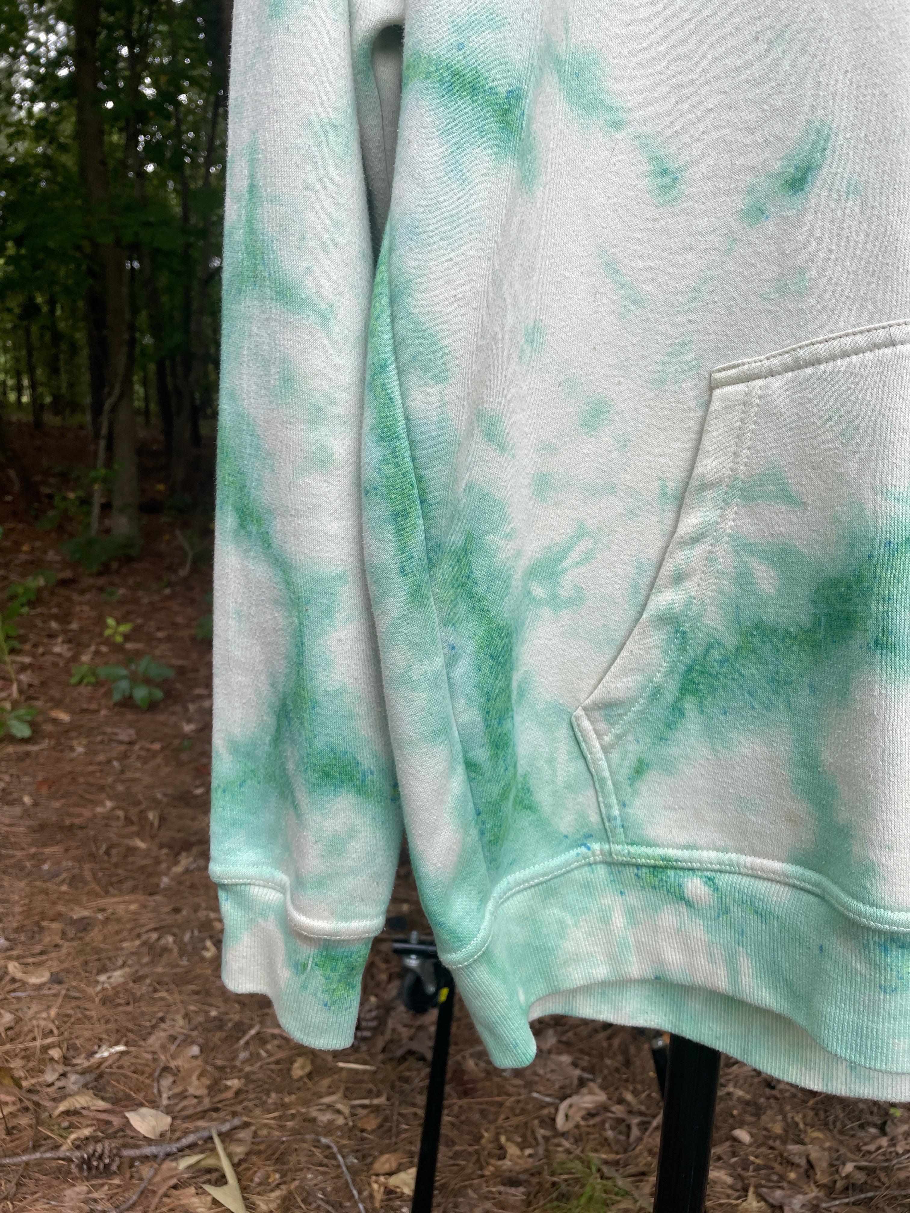 Medium Men's Powder Hound Tie Dye Long Sleeve Pullover Hoodie | One-Of-a-Kind Upcycled White and Green Sweatshirt