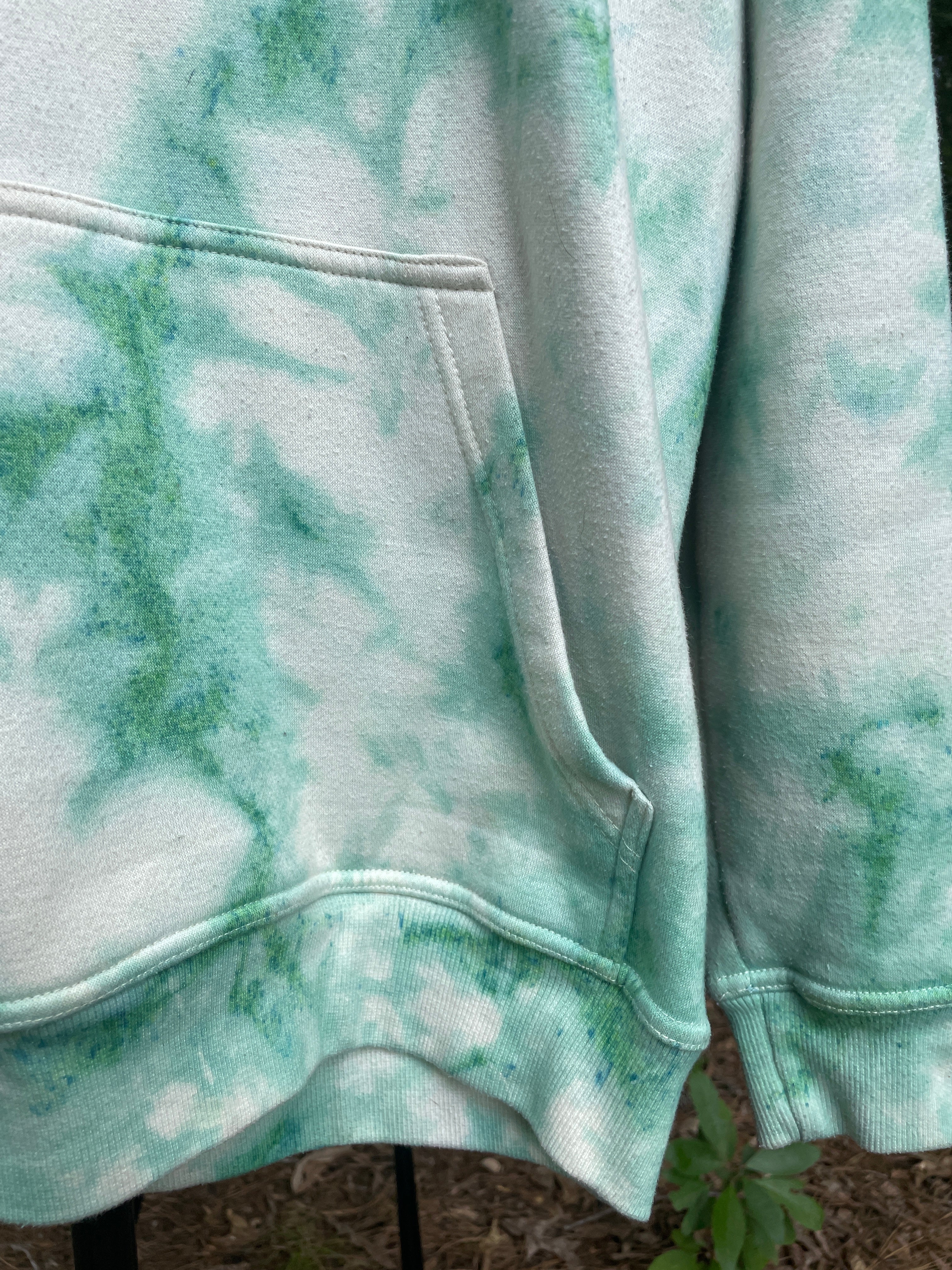 Medium Men's Powder Hound Tie Dye Long Sleeve Pullover Hoodie | One-Of-a-Kind Upcycled White and Green Sweatshirt
