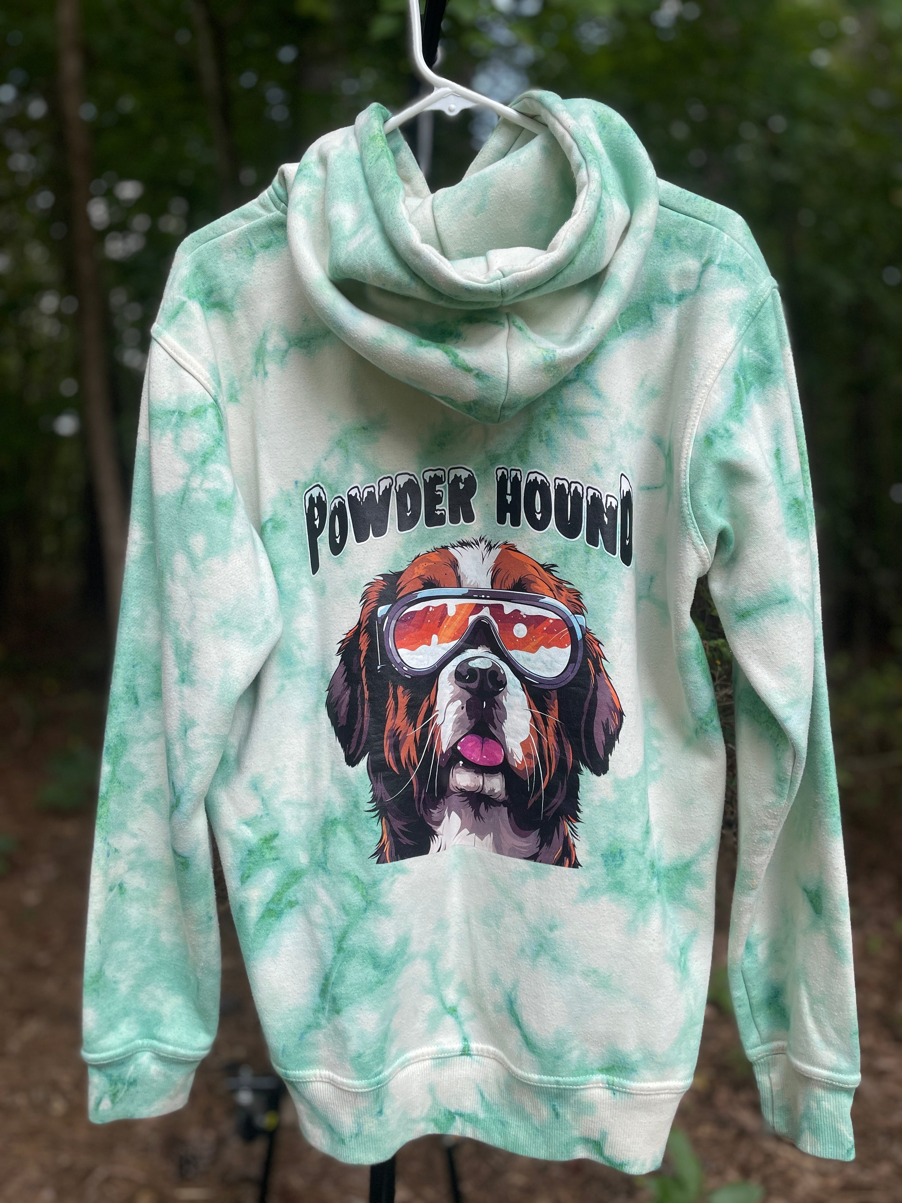 Medium Men's Powder Hound Tie Dye Long Sleeve Pullover Hoodie | One-Of-a-Kind Upcycled White and Green Sweatshirt