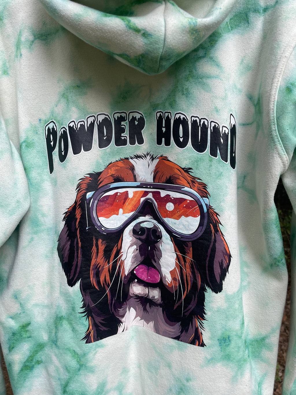 Medium Men's Powder Hound Tie Dye Long Sleeve Pullover Hoodie | One-Of-a-Kind Upcycled White and Green Sweatshirt