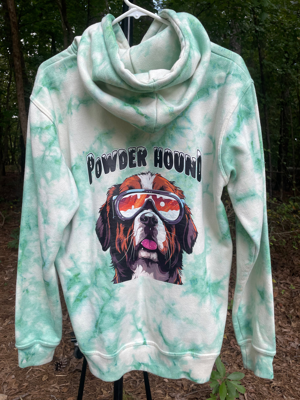 Medium Men's Powder Hound Tie Dye Long Sleeve Pullover Hoodie | One-Of-a-Kind Upcycled White and Green Sweatshirt