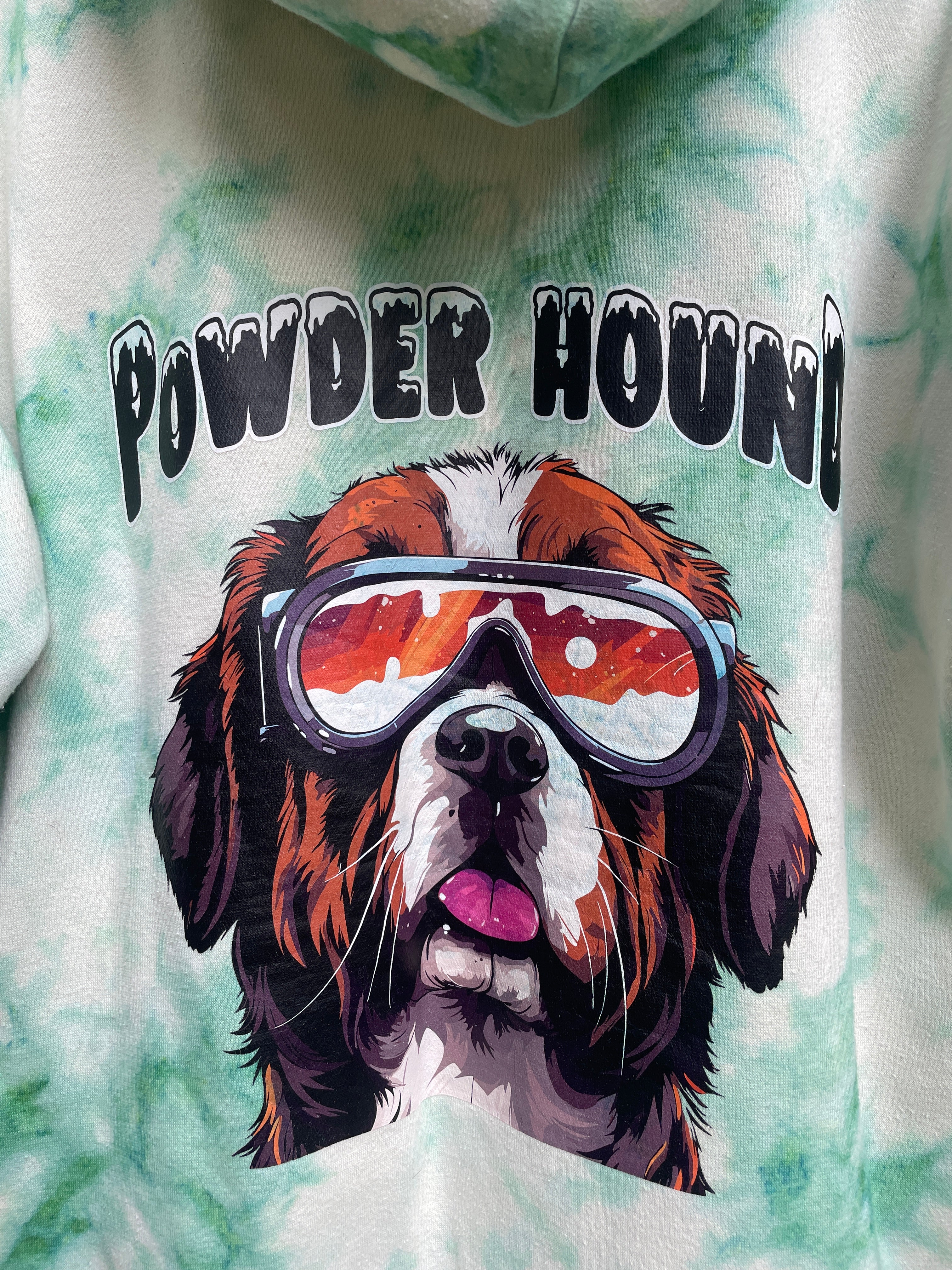 Medium Men's Powder Hound Tie Dye Long Sleeve Pullover Hoodie | One-Of-a-Kind Upcycled White and Green Sweatshirt