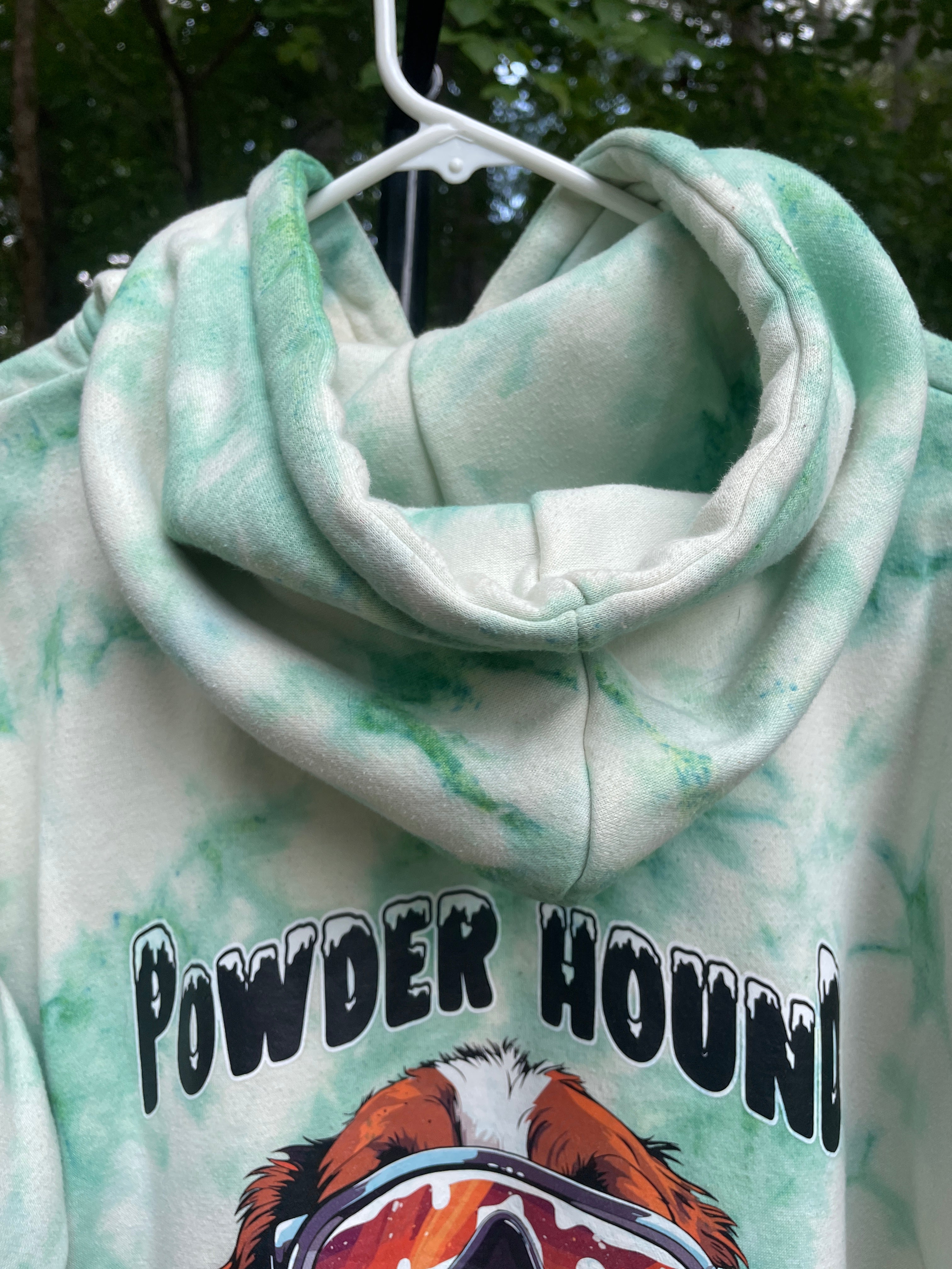 Medium Men's Powder Hound Tie Dye Long Sleeve Pullover Hoodie | One-Of-a-Kind Upcycled White and Green Sweatshirt