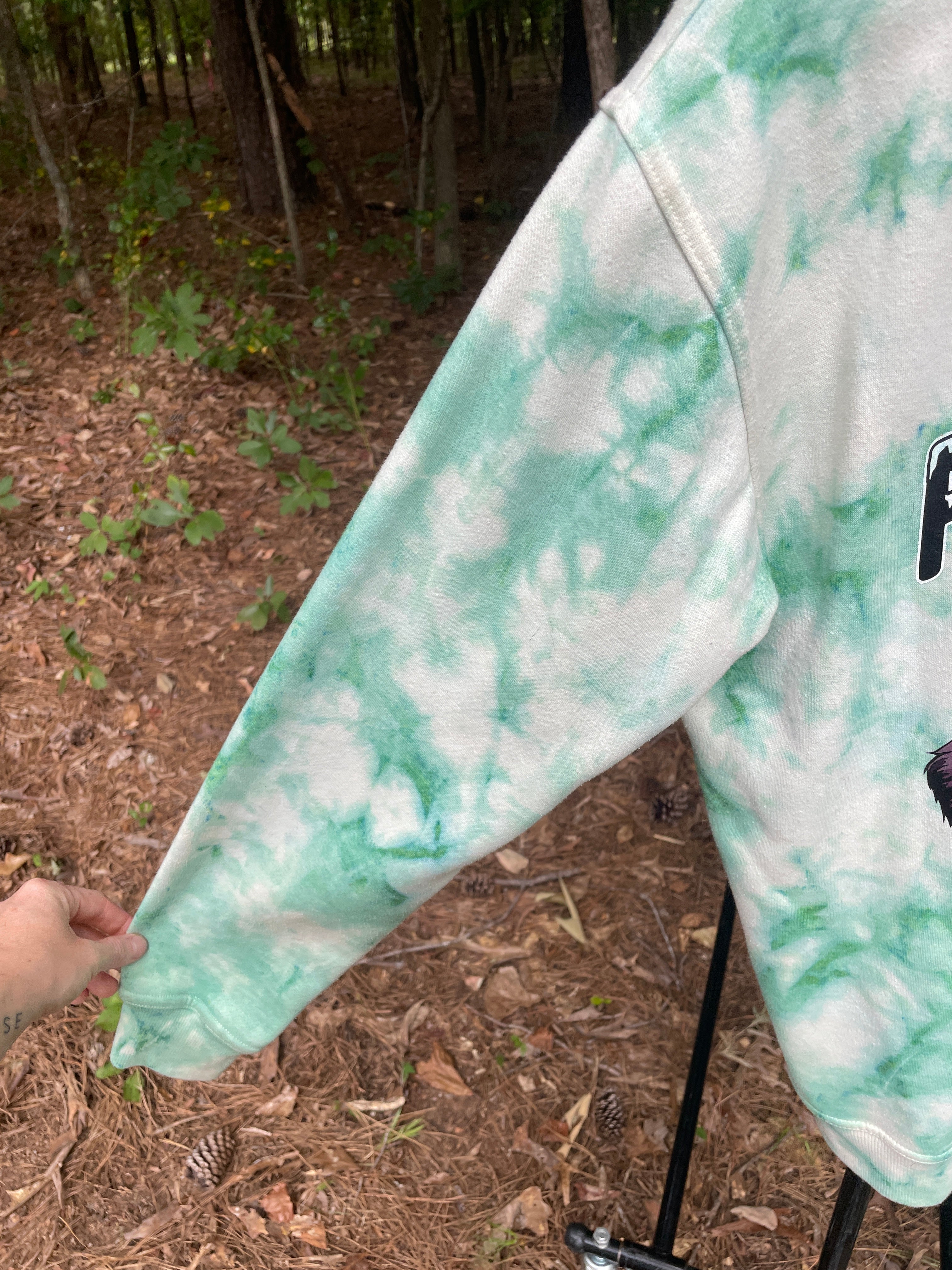 Medium Men's Powder Hound Tie Dye Long Sleeve Pullover Hoodie | One-Of-a-Kind Upcycled White and Green Sweatshirt