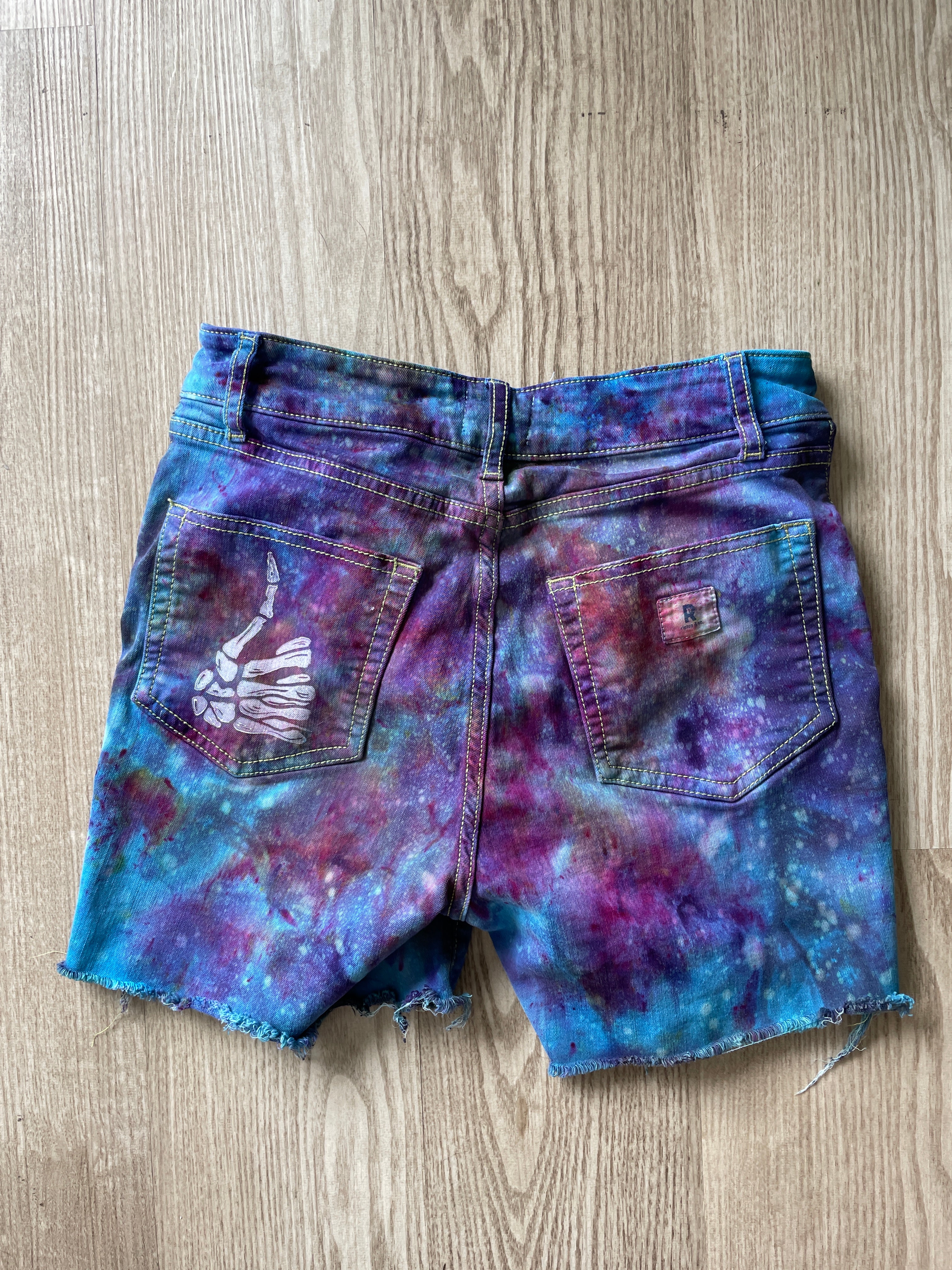 Women's Size 26 Ripton Galaxy Dye Cutoff Jorts | Blue Galaxy Ice Dye Tie Dye Shorts with Handprinted Graphics
