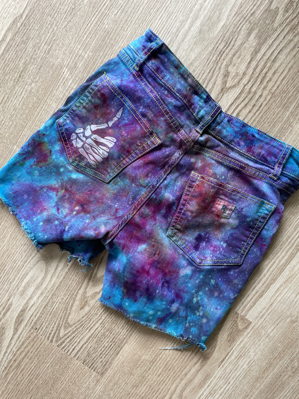 Women's Size 26 Ripton Galaxy Dye Cutoff Jorts | Blue Galaxy Ice Dye Tie Dye Shorts with Handprinted Graphics