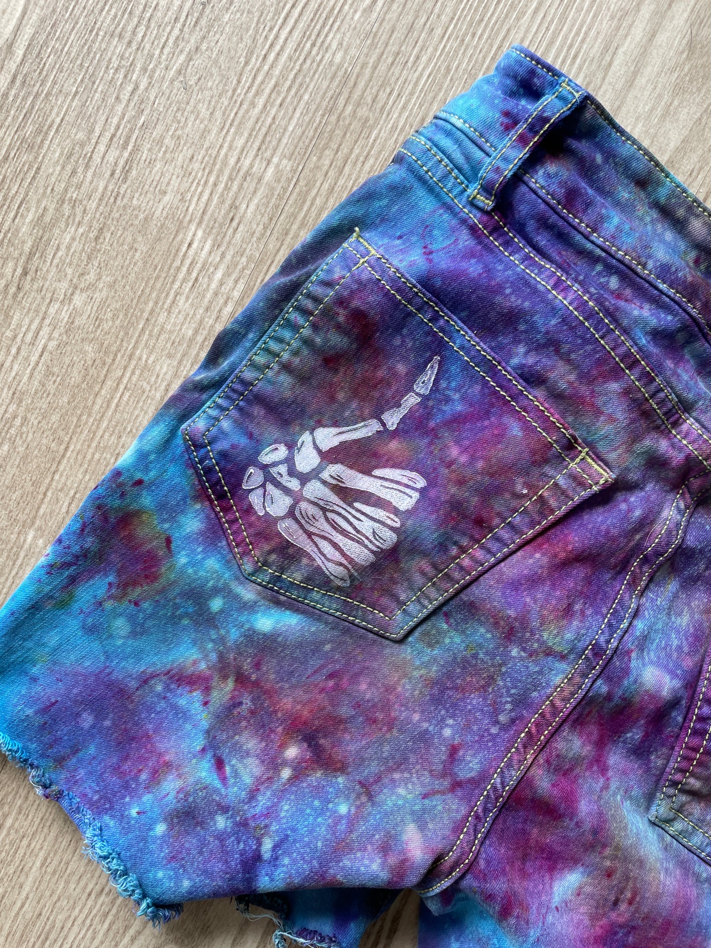 Women's Size 26 Ripton Galaxy Dye Cutoff Jorts | Blue Galaxy Ice Dye Tie Dye Shorts with Handprinted Graphics
