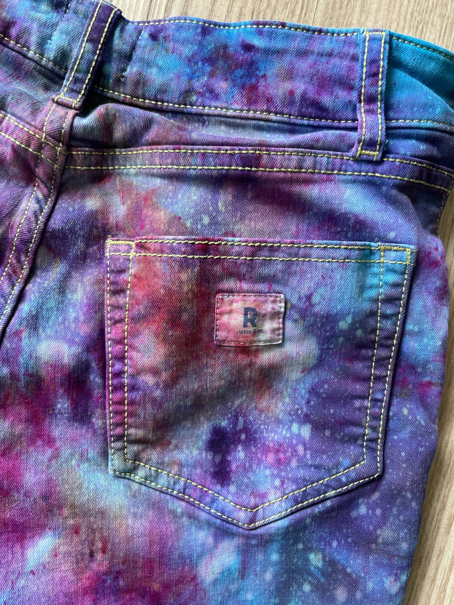 Women's Size 26 Ripton Galaxy Dye Cutoff Jorts | Blue Galaxy Ice Dye Tie Dye Shorts with Handprinted Graphics