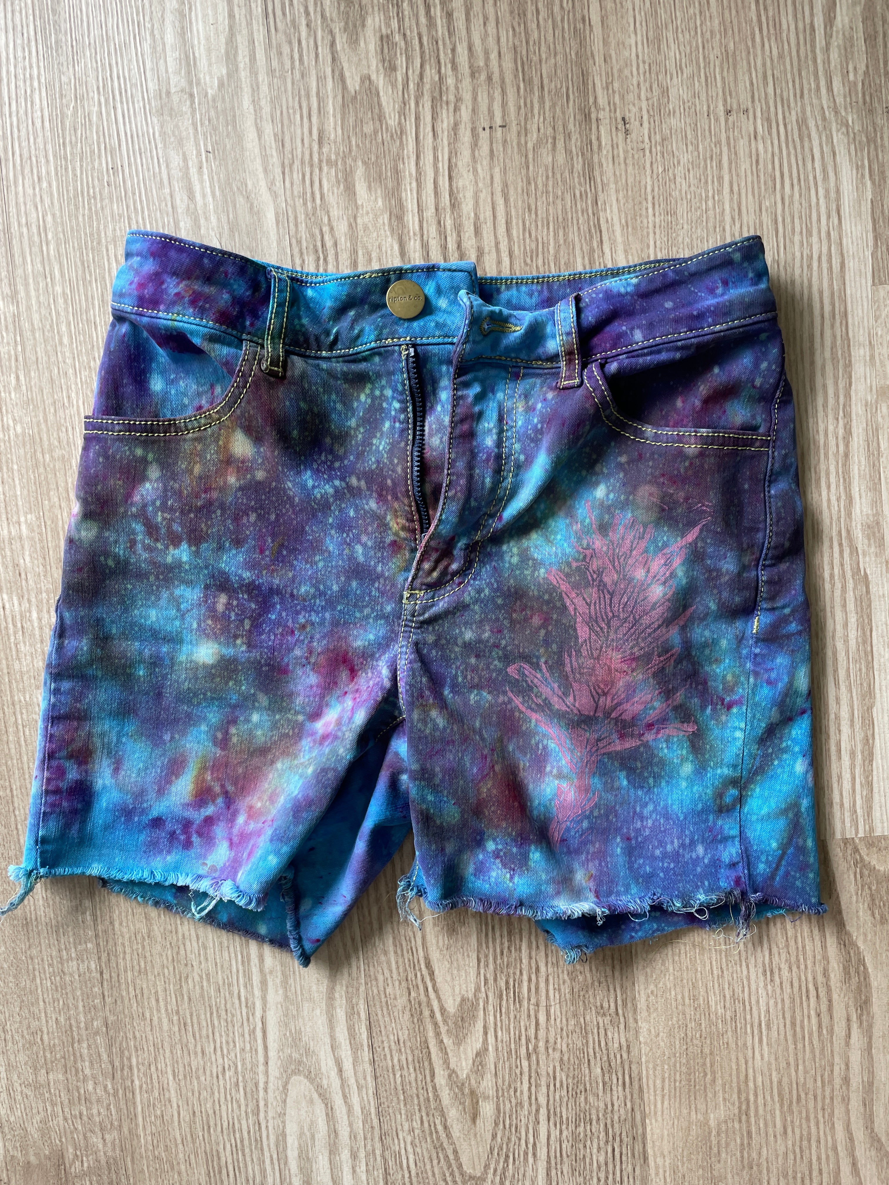 Women's Size 26 Ripton Galaxy Dye Cutoff Jorts | Blue Galaxy Ice Dye Tie Dye Shorts with Handprinted Graphics