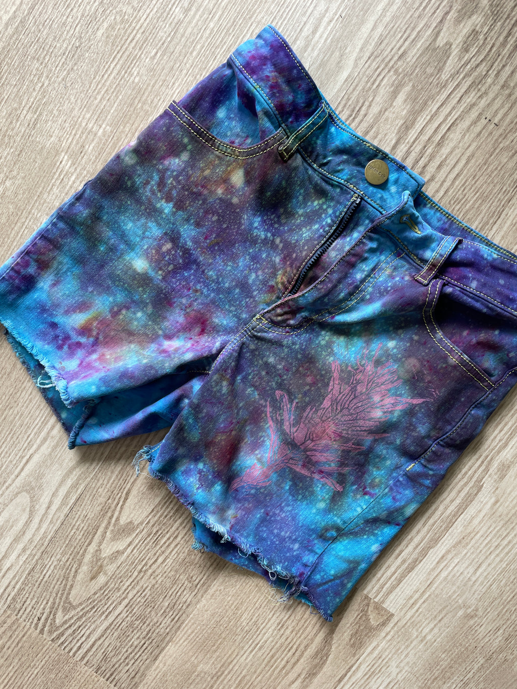 Women's Size 26 Ripton Galaxy Dye Cutoff Jorts | Blue Galaxy Ice Dye Tie Dye Shorts with Handprinted Graphics
