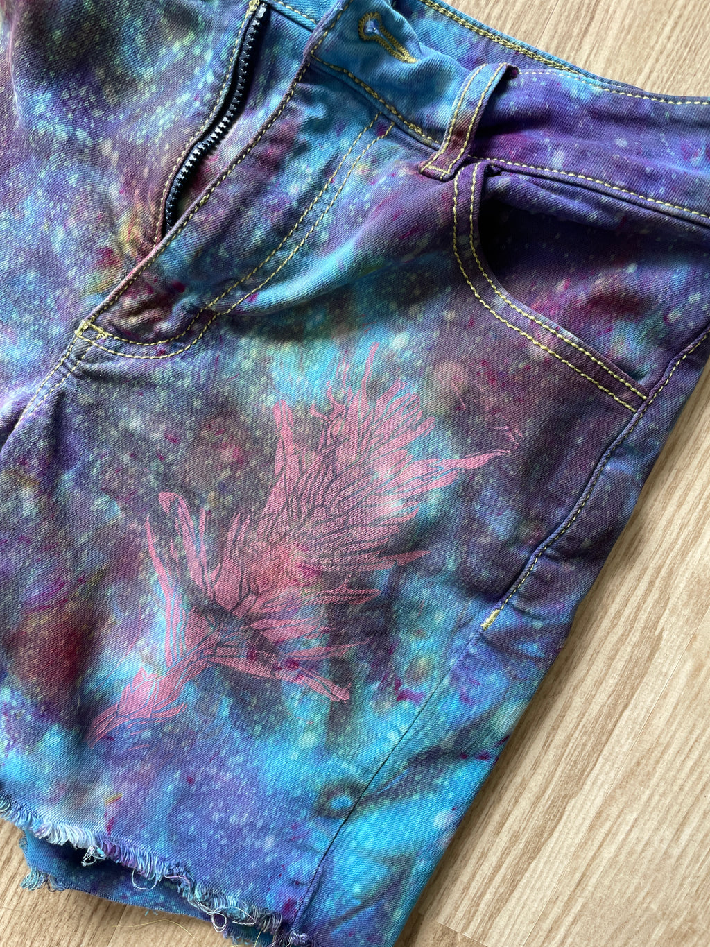 Women's Size 26 Ripton Galaxy Dye Cutoff Jorts | Blue Galaxy Ice Dye Tie Dye Shorts with Handprinted Graphics