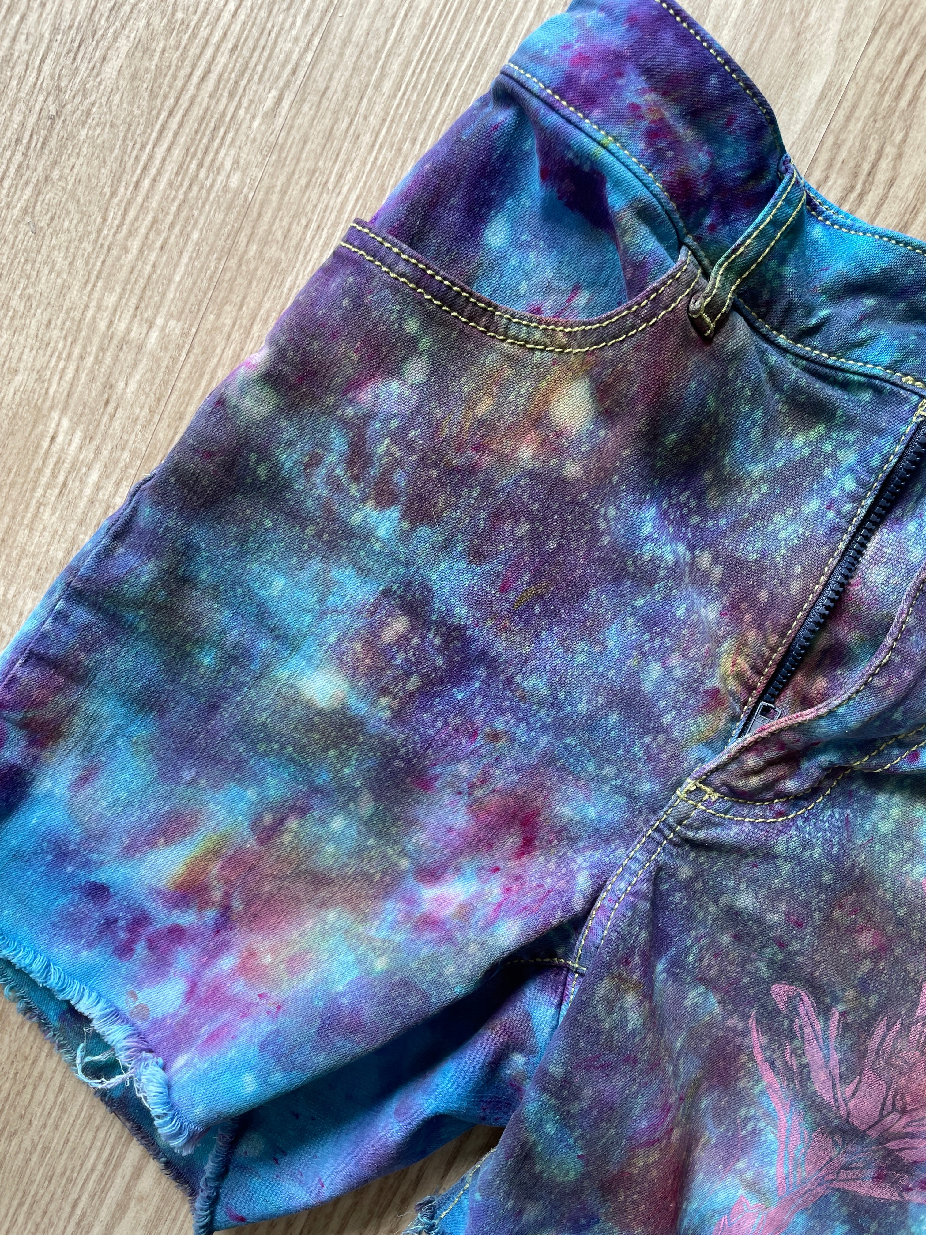 Women's Size 26 Ripton Galaxy Dye Cutoff Jorts | Blue Galaxy Ice Dye Tie Dye Shorts with Handprinted Graphics