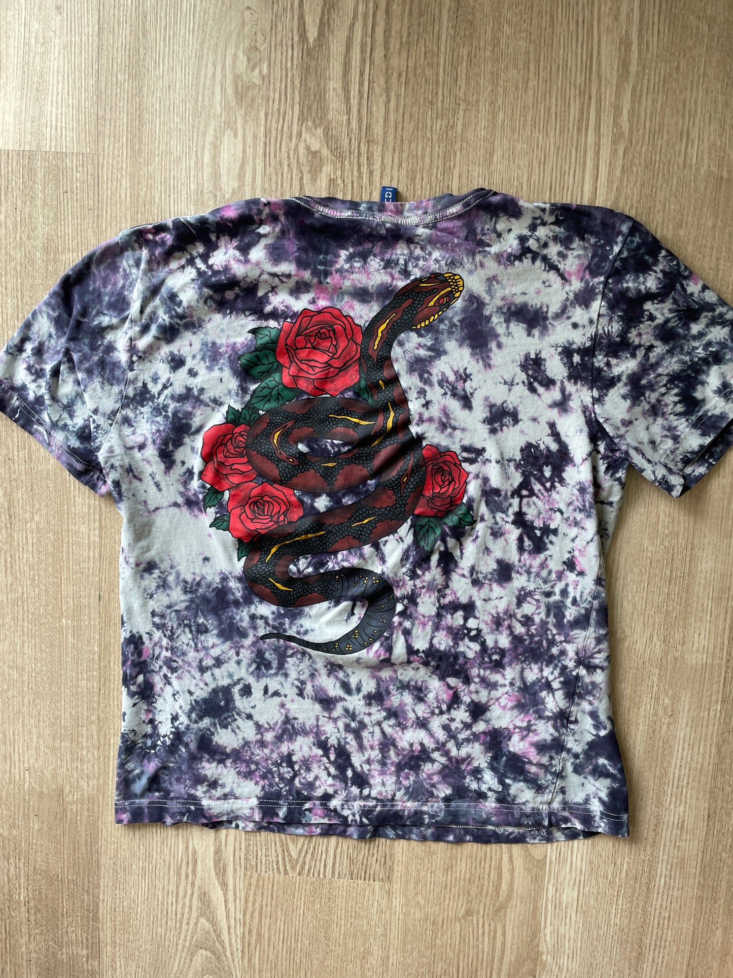 MEDIUM Women’s Snake and Roses Tie Dye Short Sleeve T-Shirt | One-Of-a-Kind Upcycled Black, Pink, and White Crumpled Top