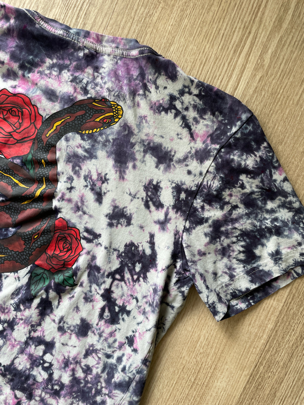 MEDIUM Women’s Snake and Roses Tie Dye Short Sleeve T-Shirt | One-Of-a-Kind Upcycled Black, Pink, and White Crumpled Top