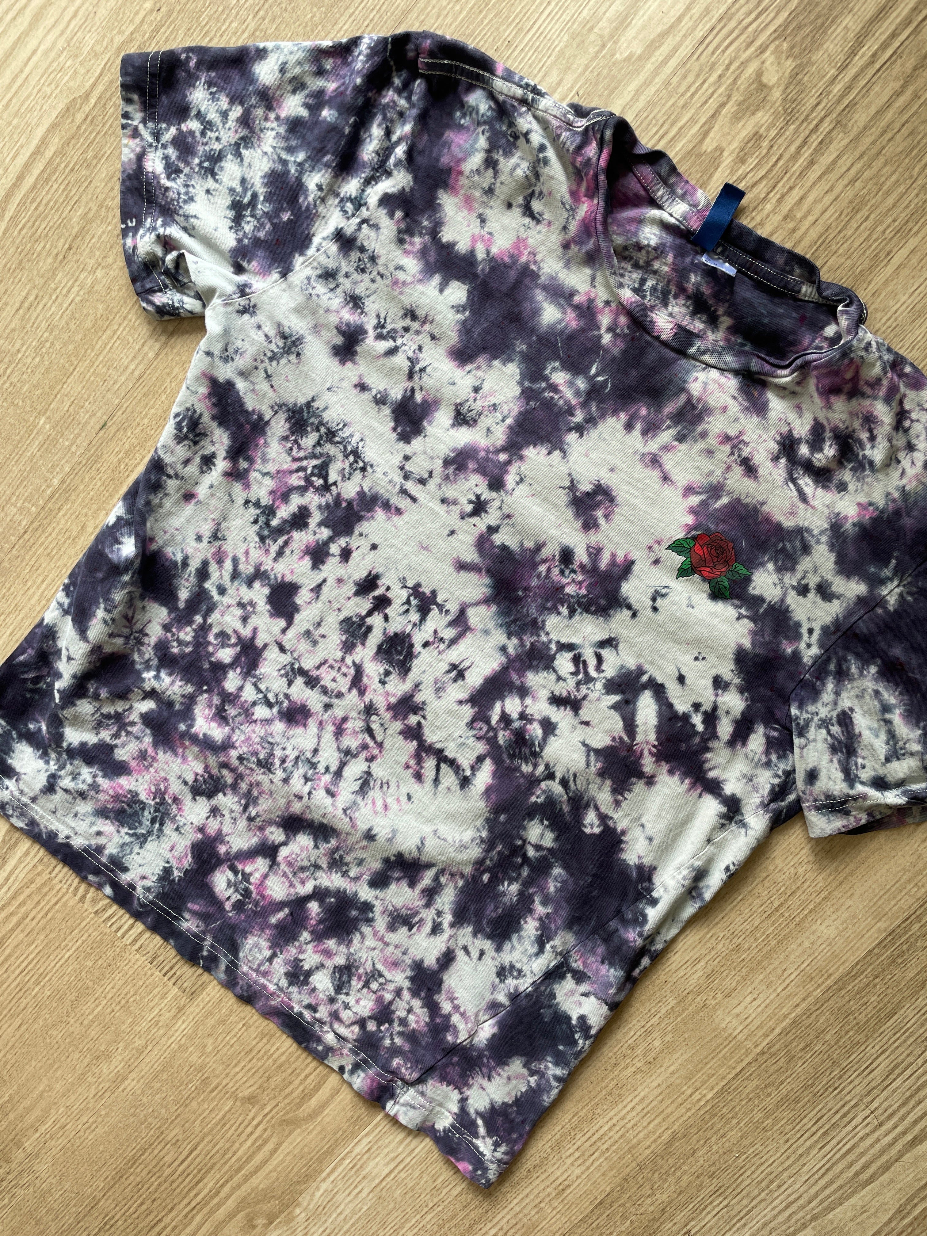 MEDIUM Women’s Snake and Roses Tie Dye Short Sleeve T-Shirt | One-Of-a-Kind Upcycled Black, Pink, and White Crumpled Top