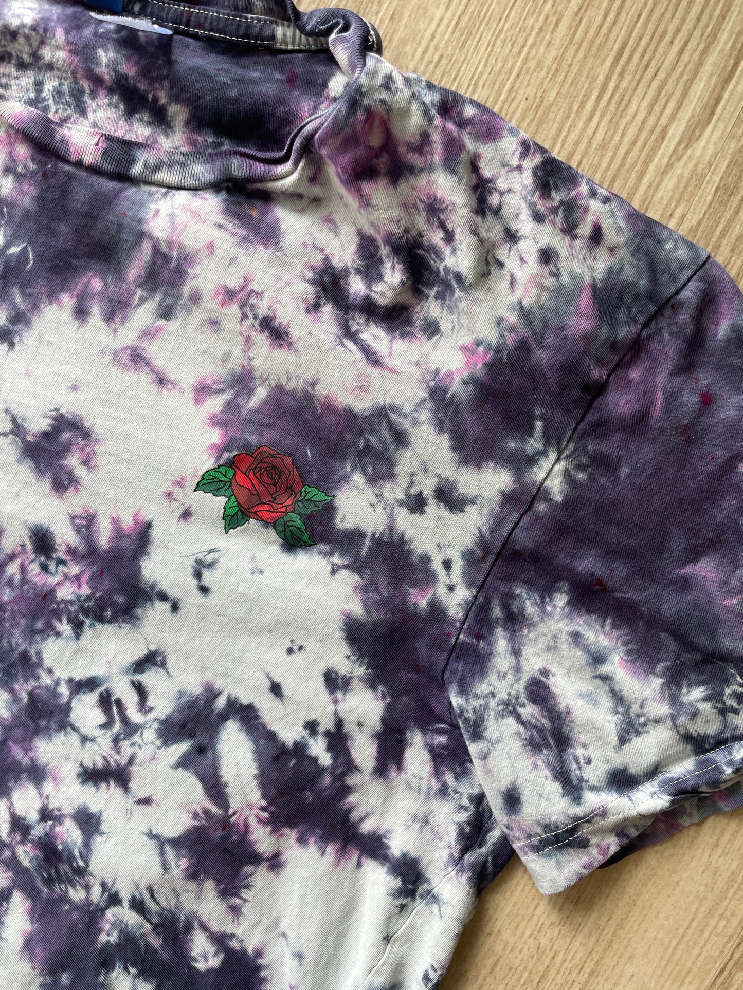 MEDIUM Women’s Snake and Roses Tie Dye Short Sleeve T-Shirt | One-Of-a-Kind Upcycled Black, Pink, and White Crumpled Top