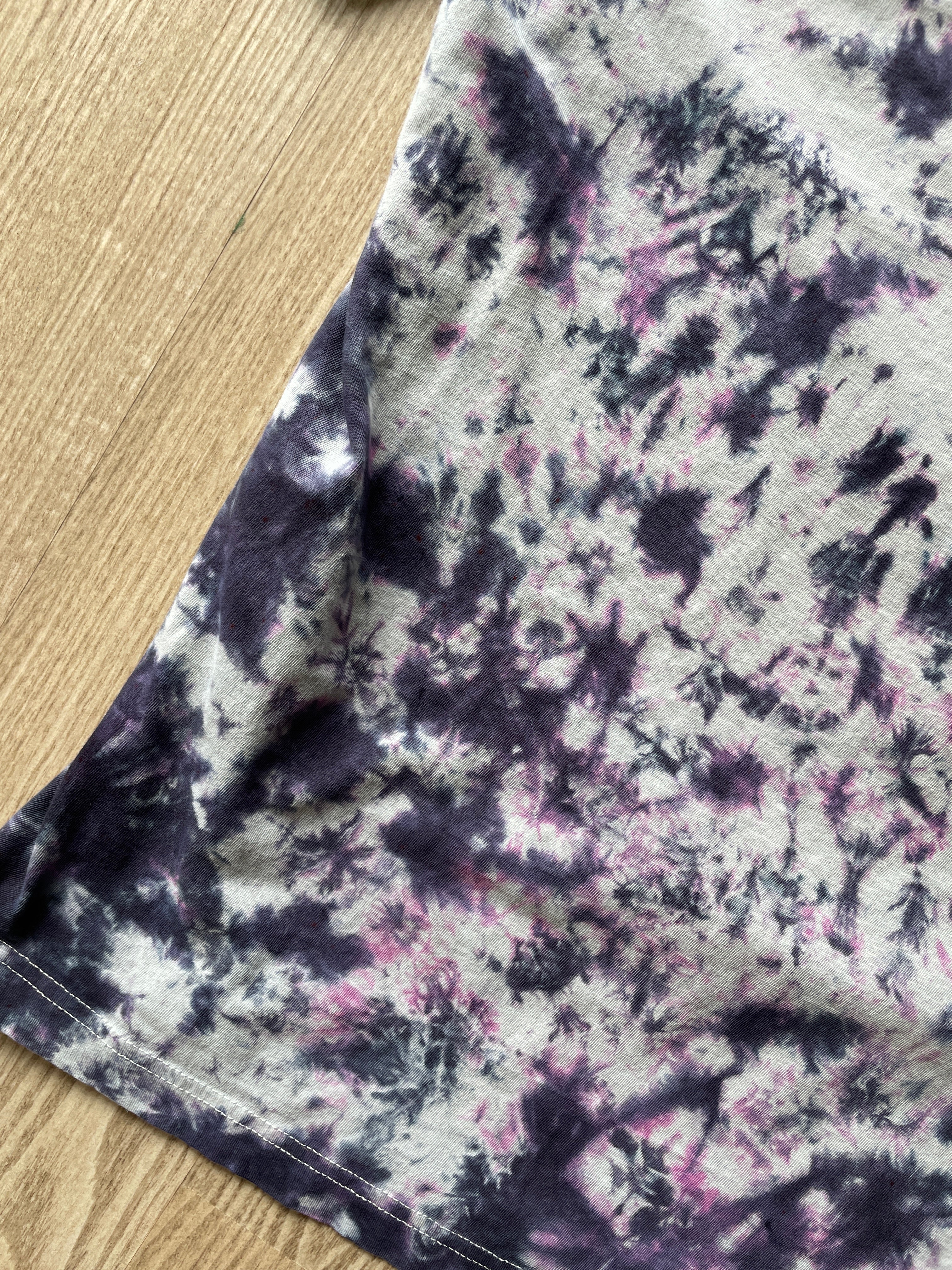 MEDIUM Women’s Snake and Roses Tie Dye Short Sleeve T-Shirt | One-Of-a-Kind Upcycled Black, Pink, and White Crumpled Top