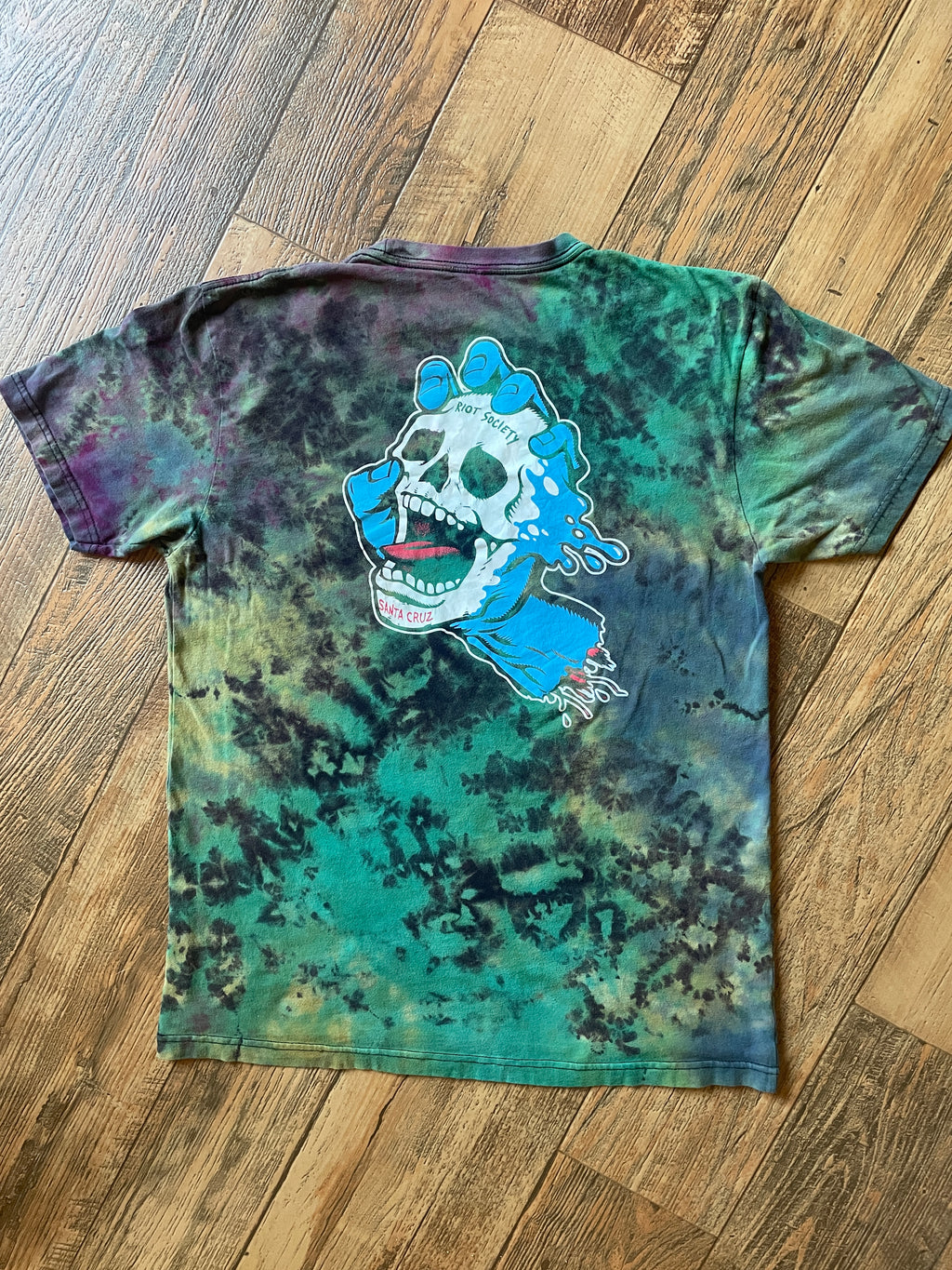 Santa Cruz X Riot Society Black and Blue Reverse Tie Dye Short Sleeve T-Shirt | Men's Large