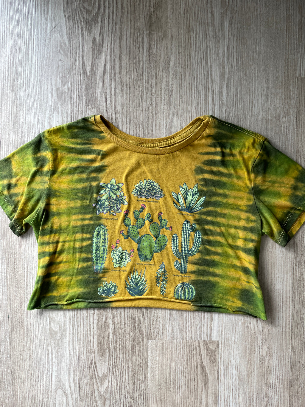 XL Women’s Cacti and Desert Plants Handmade Tie Dye Crop Top | One-Of-a-Kind Yellow and Green Pleated Short Sleeve Cropped T-Shirt