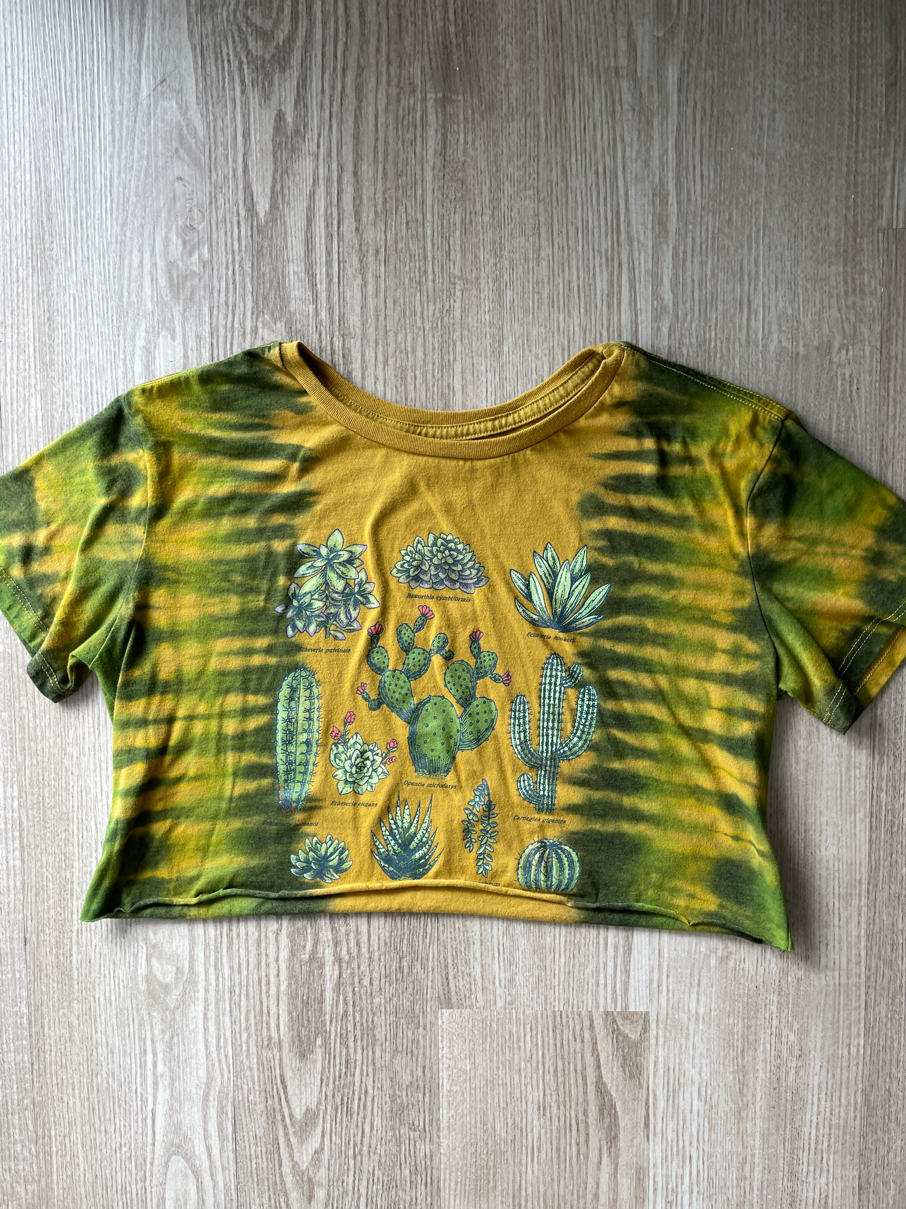 XL Women’s Cacti and Desert Plants Handmade Tie Dye Crop Top | One-Of-a-Kind Yellow and Green Pleated Short Sleeve Cropped T-Shirt