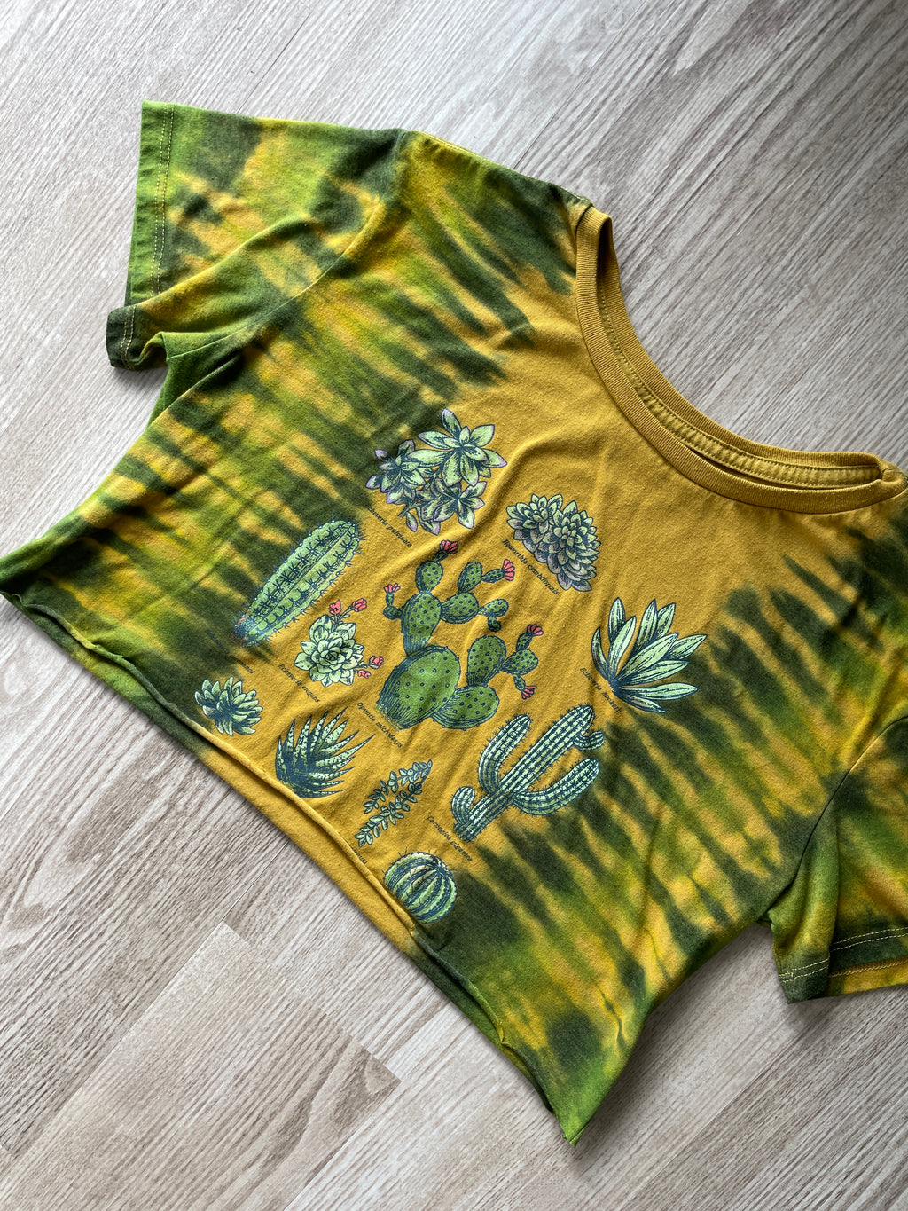 XL Women’s Cacti and Desert Plants Handmade Tie Dye Crop Top | One-Of-a-Kind Yellow and Green Pleated Short Sleeve Cropped T-Shirt