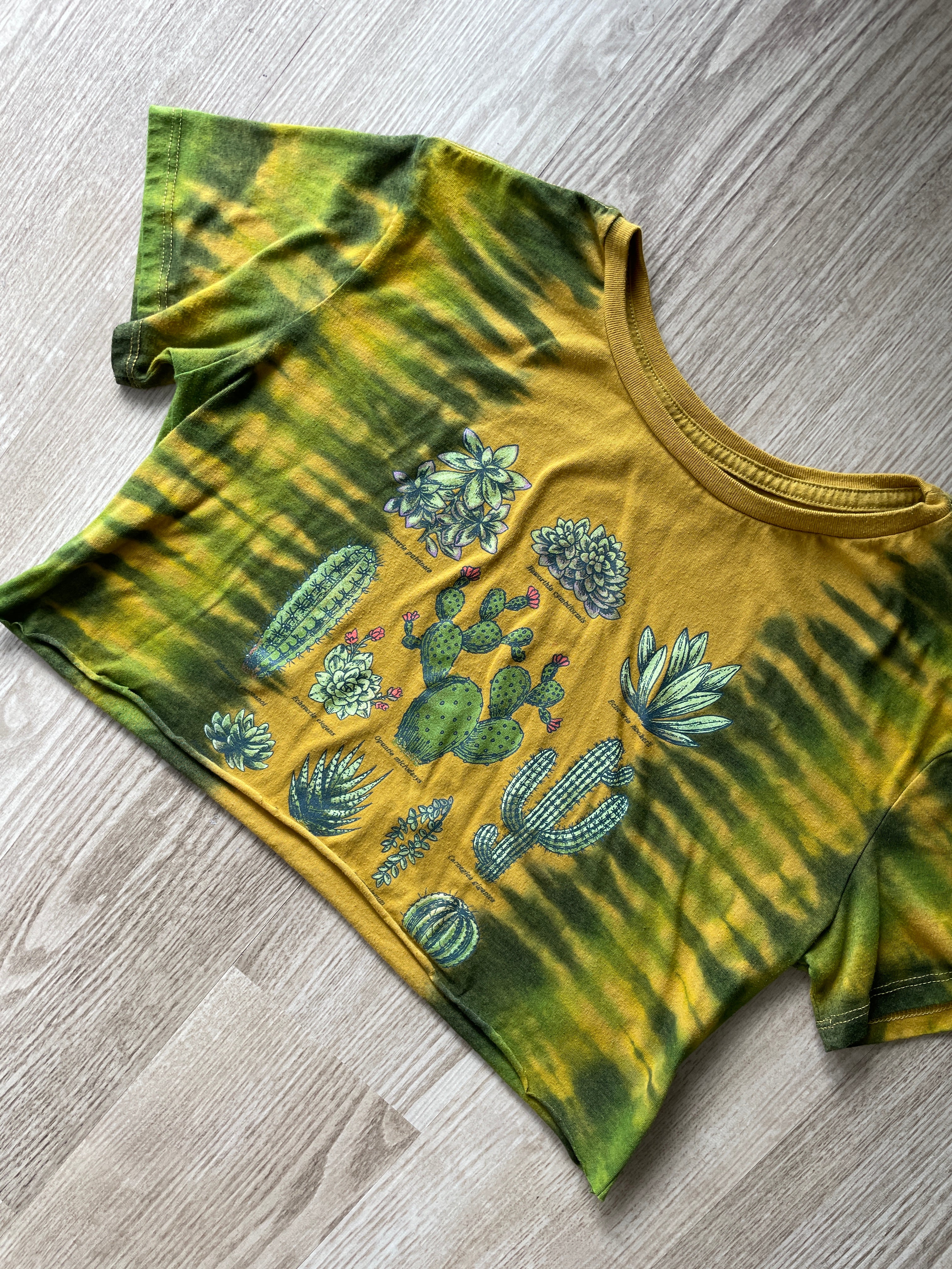 XL Women’s Cacti and Desert Plants Handmade Tie Dye Crop Top | One-Of-a-Kind Yellow and Green Pleated Short Sleeve Cropped T-Shirt