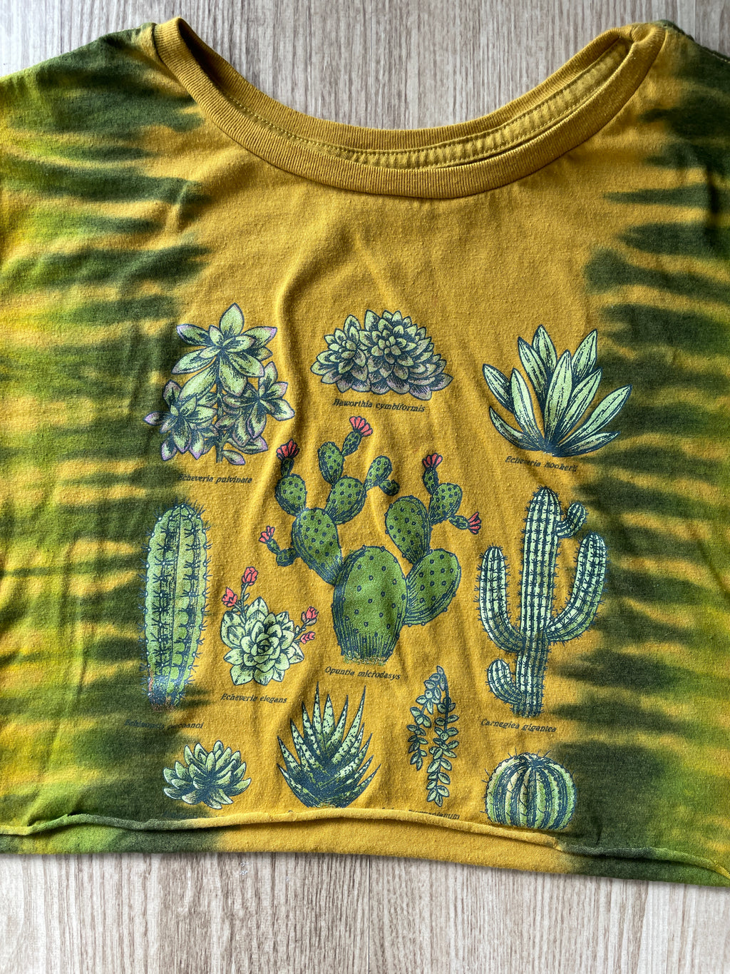 XL Women’s Cacti and Desert Plants Handmade Tie Dye Crop Top | One-Of-a-Kind Yellow and Green Pleated Short Sleeve Cropped T-Shirt