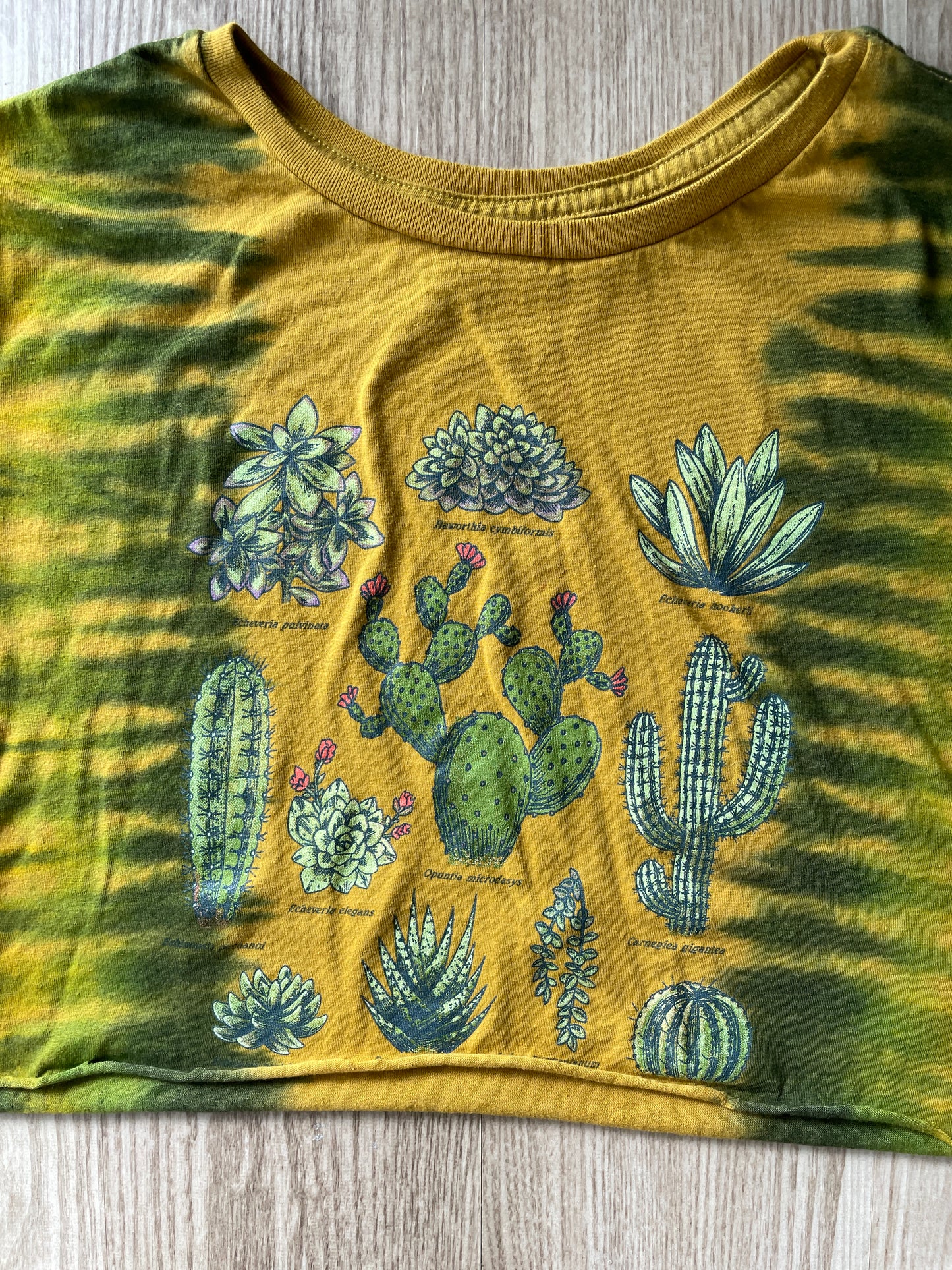 XL Women’s Cacti and Desert Plants Handmade Tie Dye Crop Top | One-Of-a-Kind Yellow and Green Pleated Short Sleeve Cropped T-Shirt