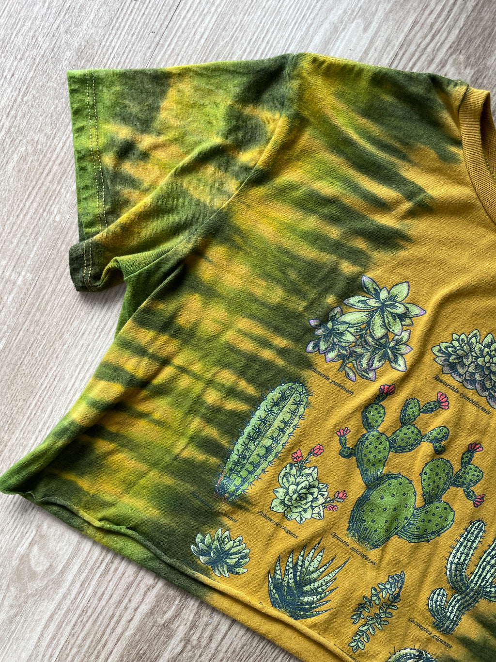XL Women’s Cacti and Desert Plants Handmade Tie Dye Crop Top | One-Of-a-Kind Yellow and Green Pleated Short Sleeve Cropped T-Shirt