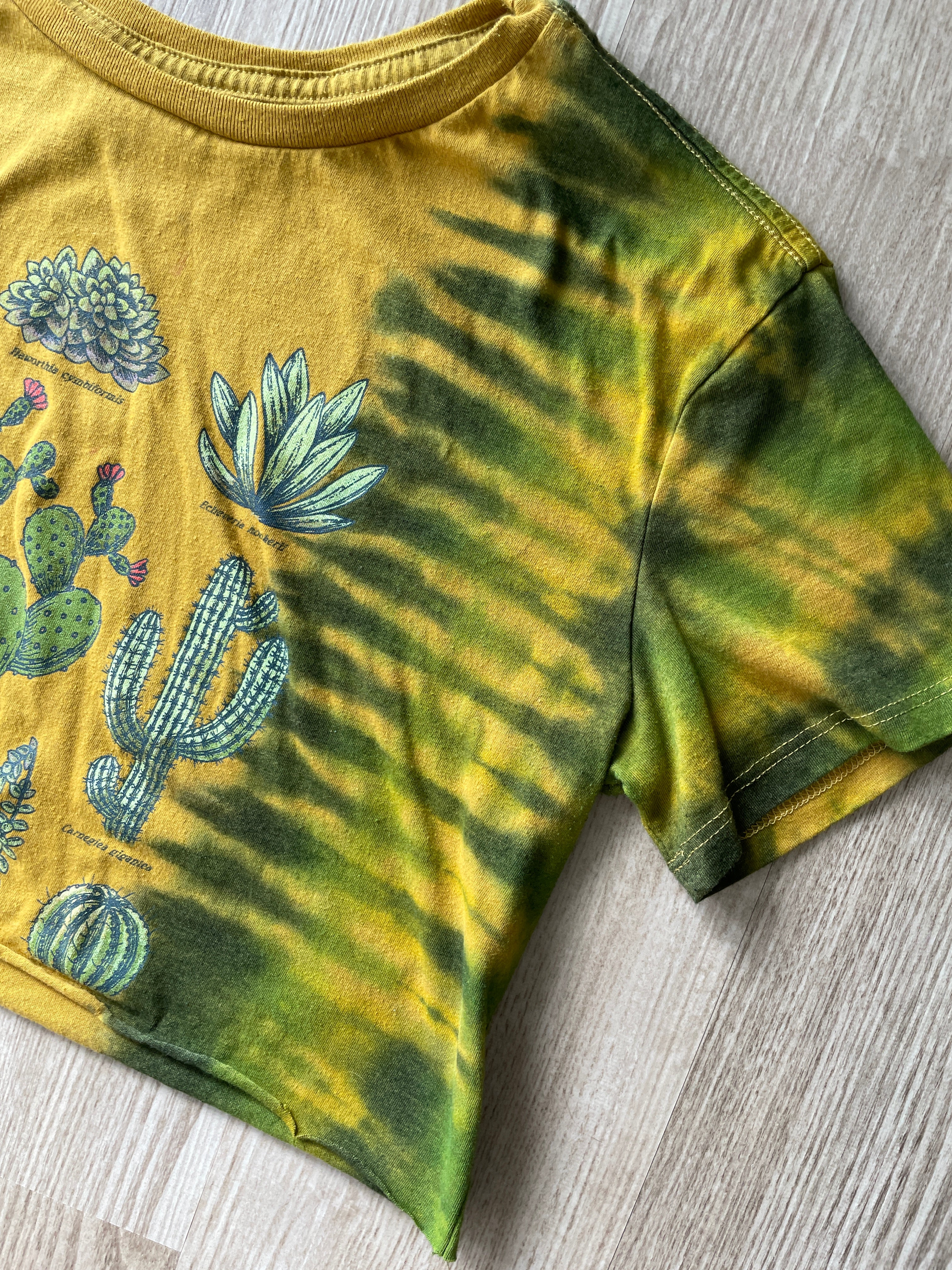 XL Women’s Cacti and Desert Plants Handmade Tie Dye Crop Top | One-Of-a-Kind Yellow and Green Pleated Short Sleeve Cropped T-Shirt