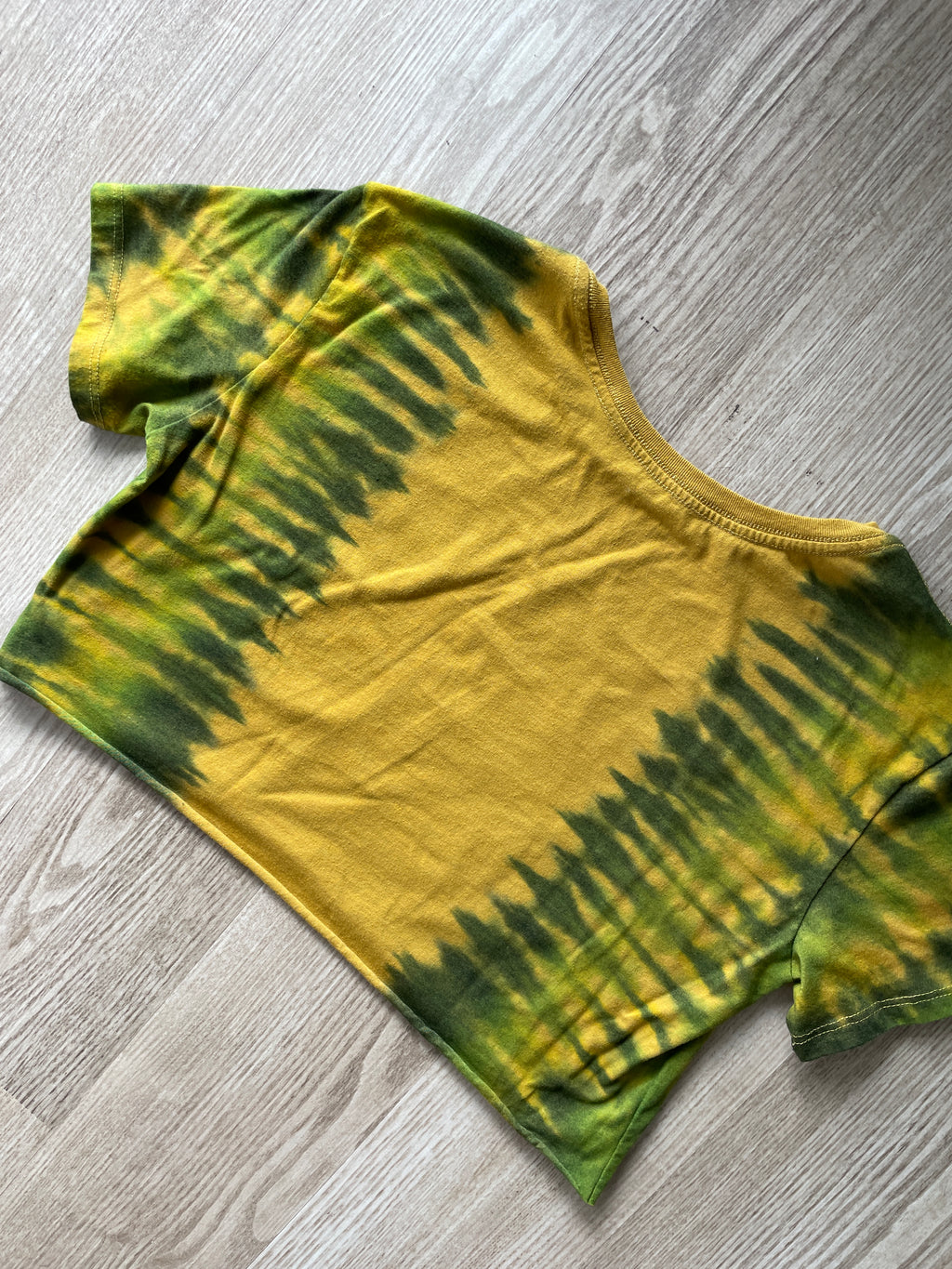 XL Women’s Cacti and Desert Plants Handmade Tie Dye Crop Top | One-Of-a-Kind Yellow and Green Pleated Short Sleeve Cropped T-Shirt