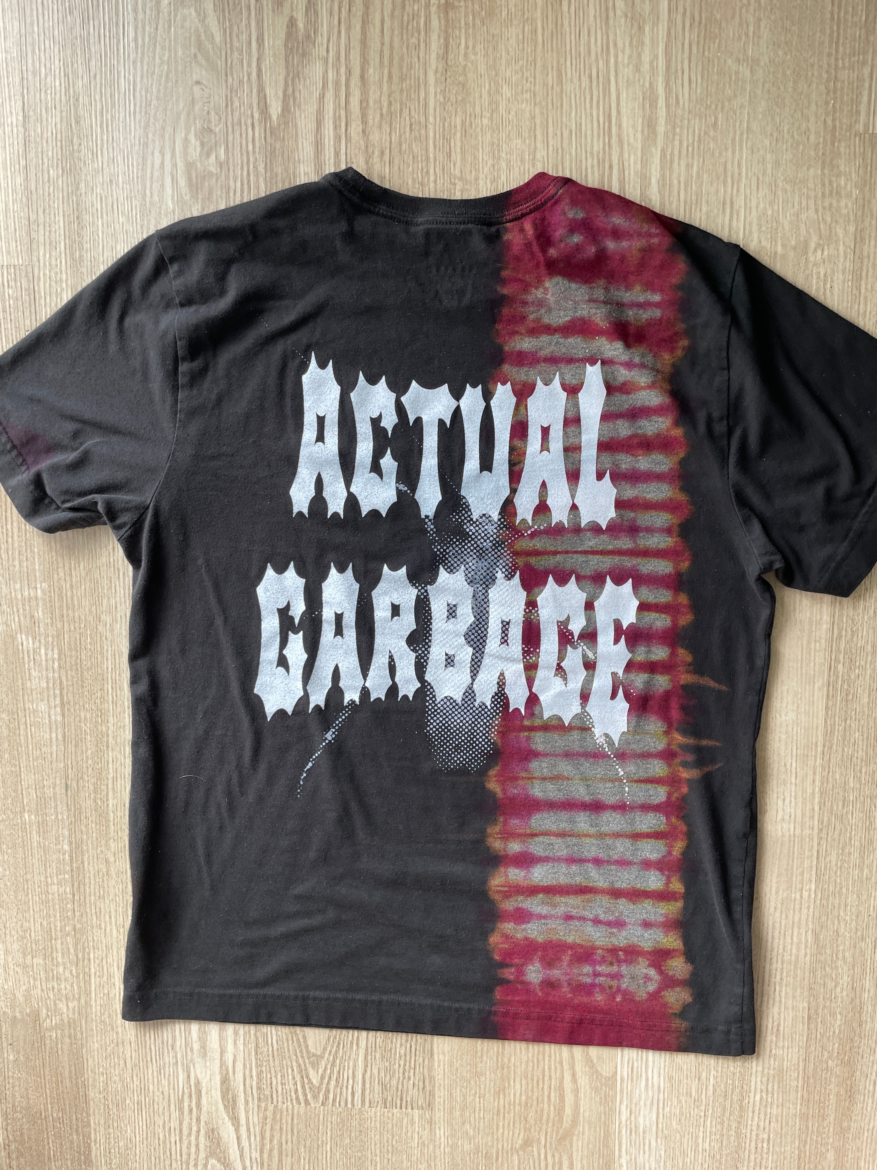 MEDIUM Men’s Actual Garbage Tie Dye Short Sleeve T-Shirt | One-Of-a-Kind Upcycled Black and Red Pleated Top