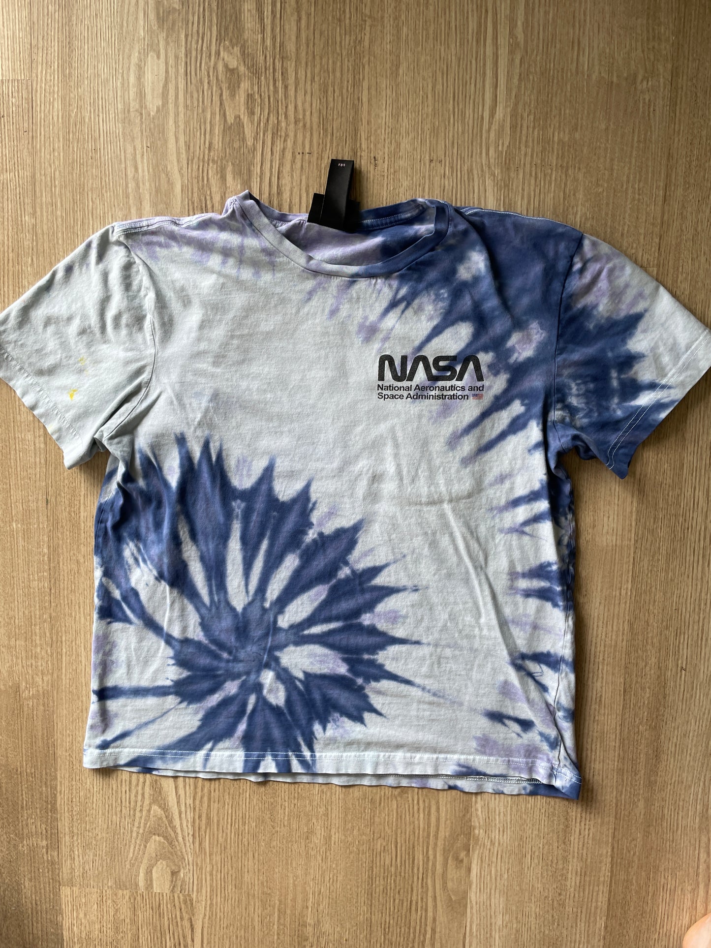 MEDIUM Men’s NASA USA Flag Handmade Tie Dye T-Shirt | One-of-a-Kind Purple and Blue Spiral Short Sleeve Top