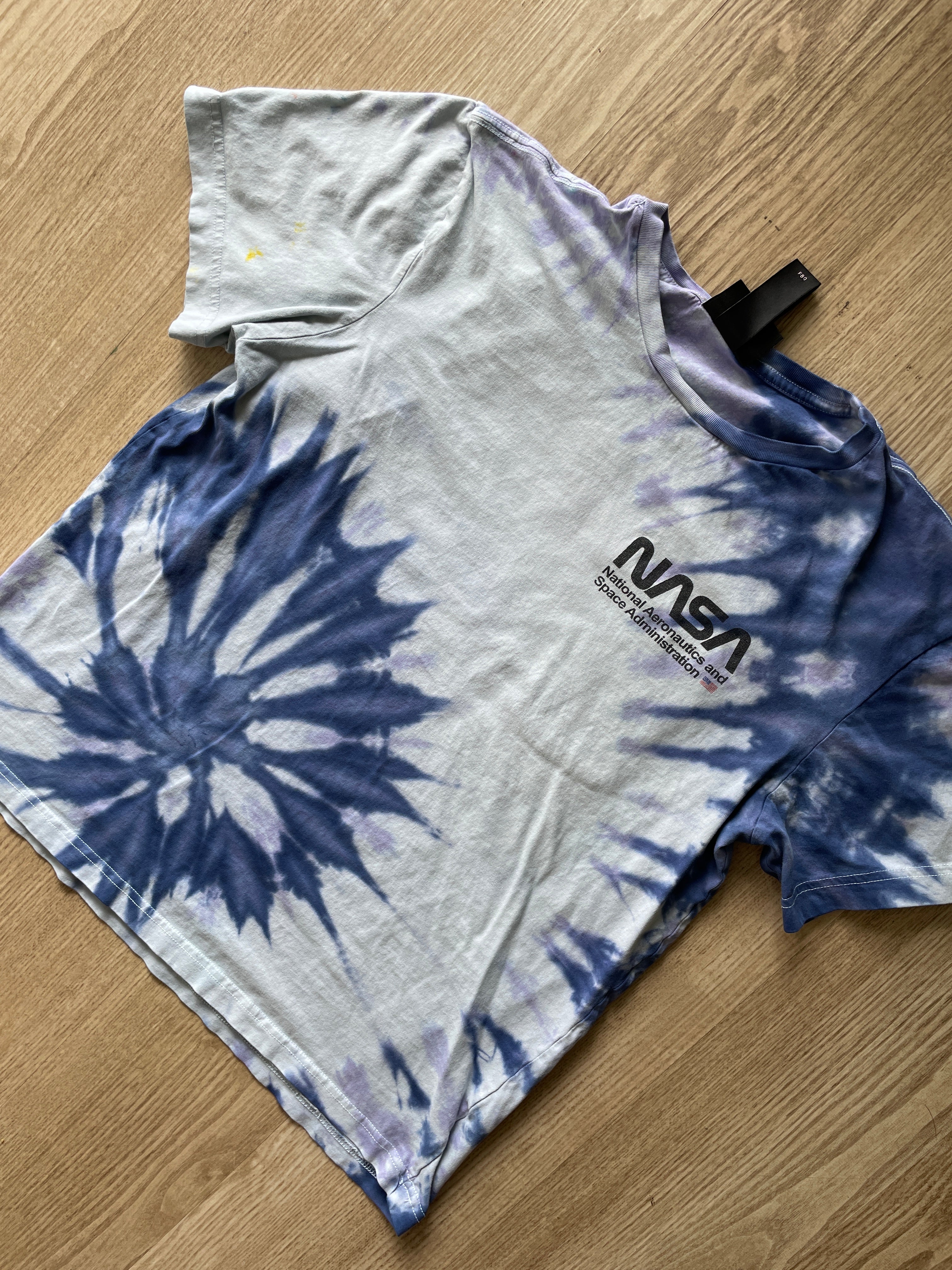 MEDIUM Men’s NASA USA Flag Handmade Tie Dye T-Shirt | One-of-a-Kind Purple and Blue Spiral Short Sleeve Top