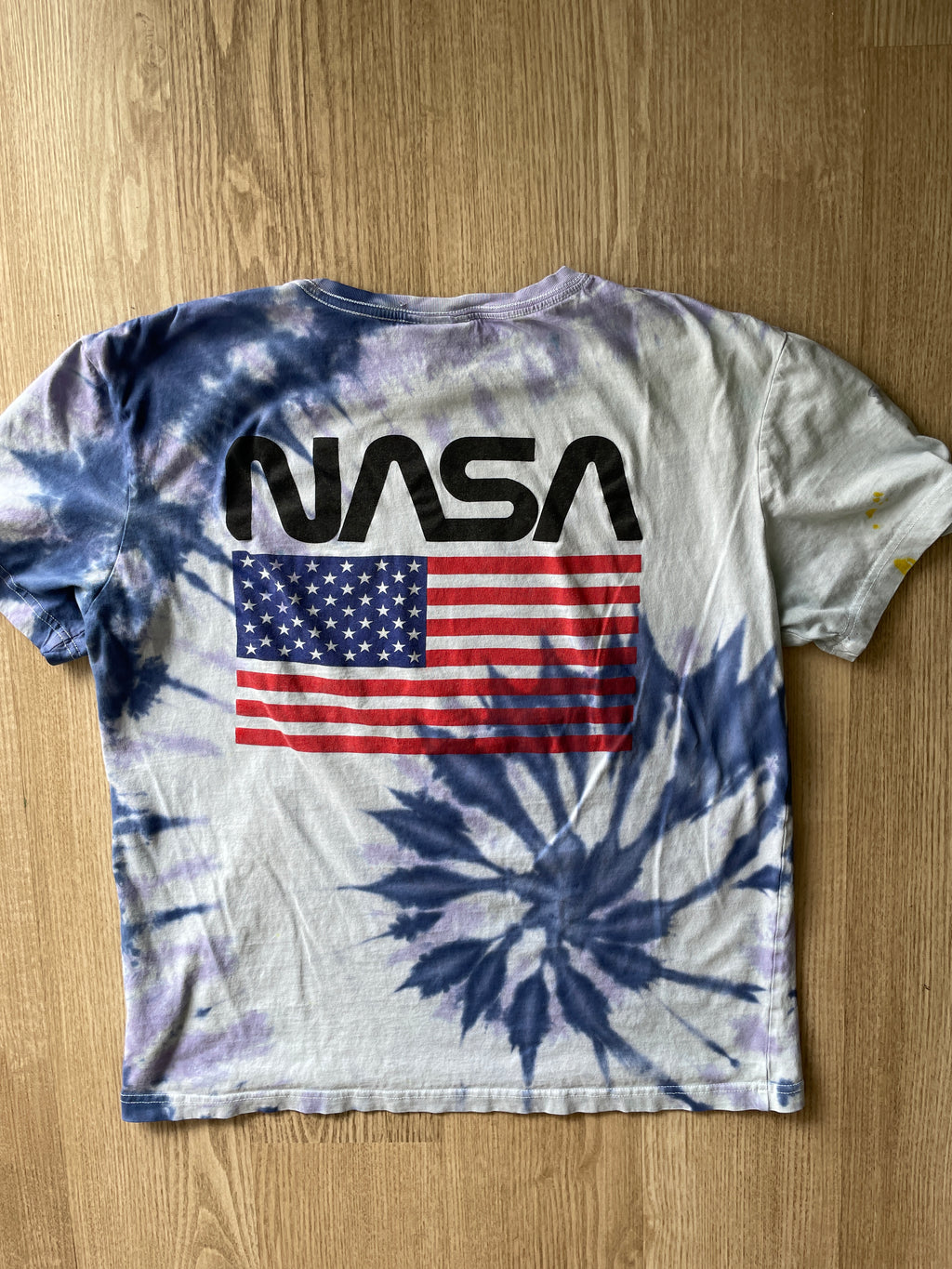 MEDIUM Men’s NASA USA Flag Handmade Tie Dye T-Shirt | One-of-a-Kind Purple and Blue Spiral Short Sleeve Top