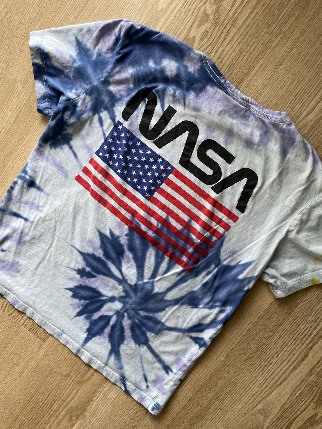 MEDIUM Men’s NASA USA Flag Handmade Tie Dye T-Shirt | One-of-a-Kind Purple and Blue Spiral Short Sleeve Top