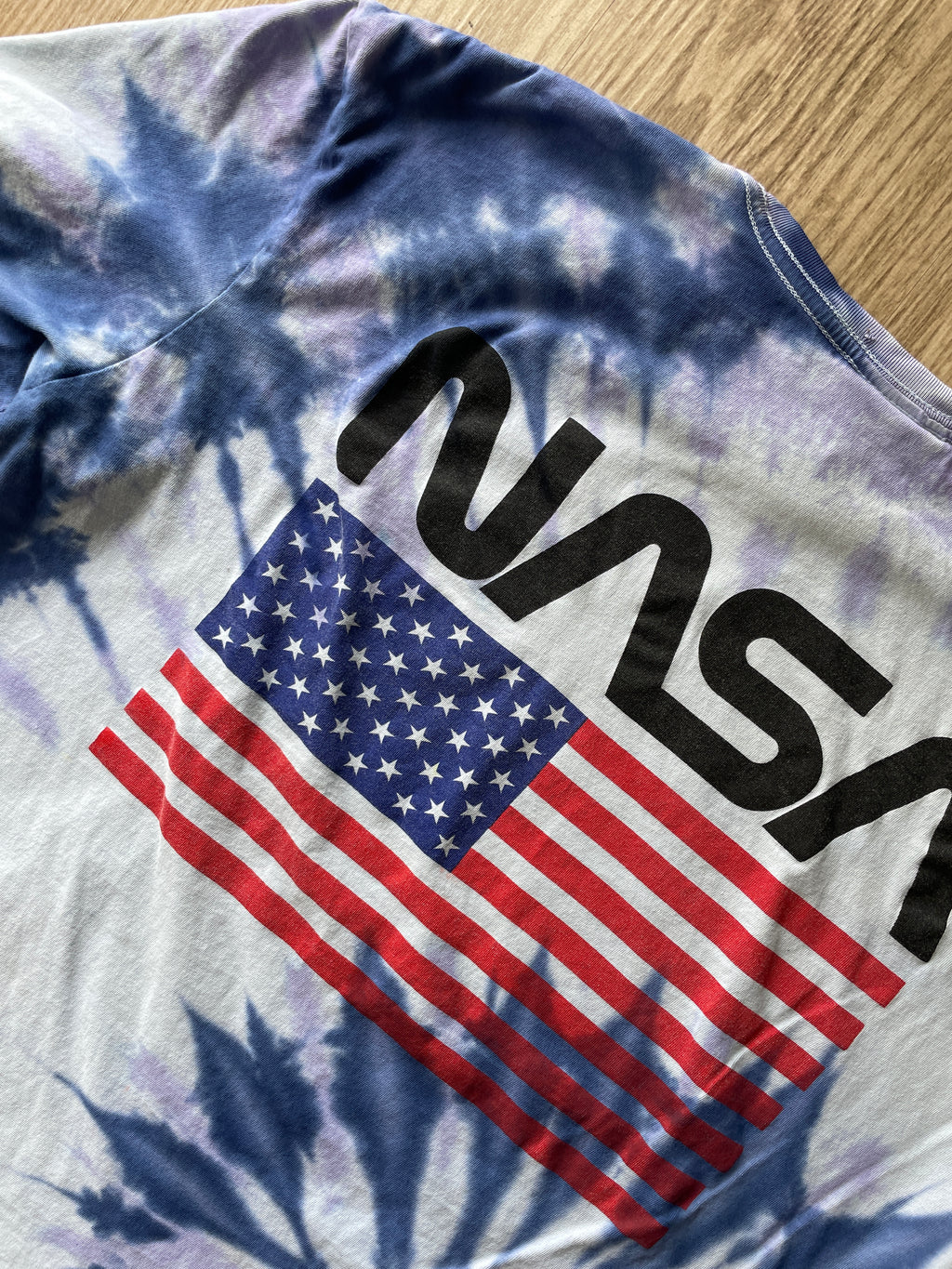 MEDIUM Men’s NASA USA Flag Handmade Tie Dye T-Shirt | One-of-a-Kind Purple and Blue Spiral Short Sleeve Top
