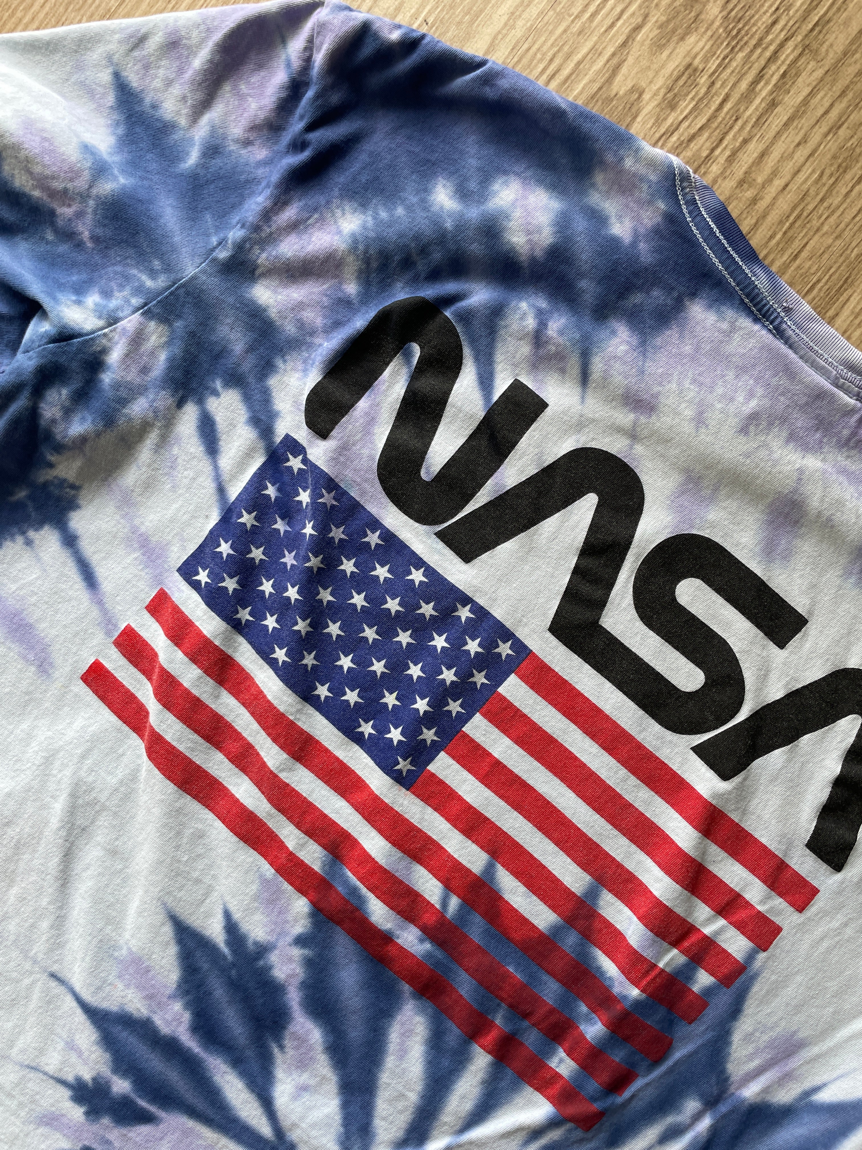 MEDIUM Men’s NASA USA Flag Handmade Tie Dye T-Shirt | One-of-a-Kind Purple and Blue Spiral Short Sleeve Top