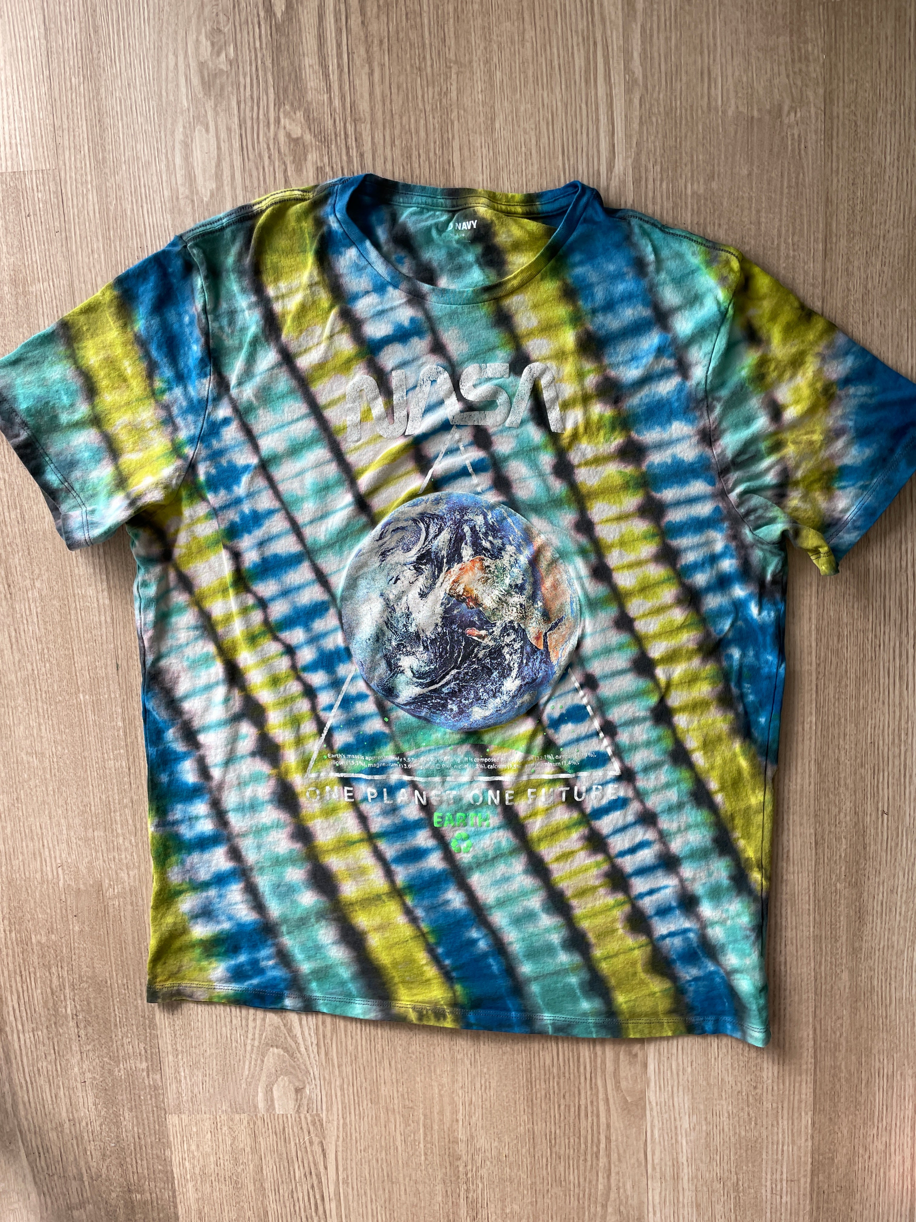 XL Men’s NASA Planet Earth Handmade Reverse Tie Dye T-Shirt | One-Of-a-Kind Gray, Green, and Blue Short Sleeve