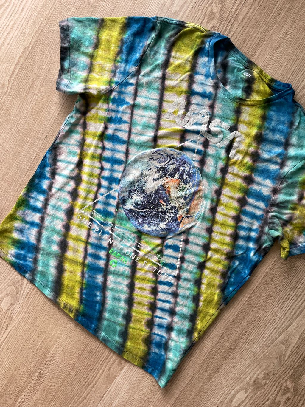 XL Men’s NASA Planet Earth Handmade Reverse Tie Dye T-Shirt | One-Of-a-Kind Gray, Green, and Blue Short Sleeve