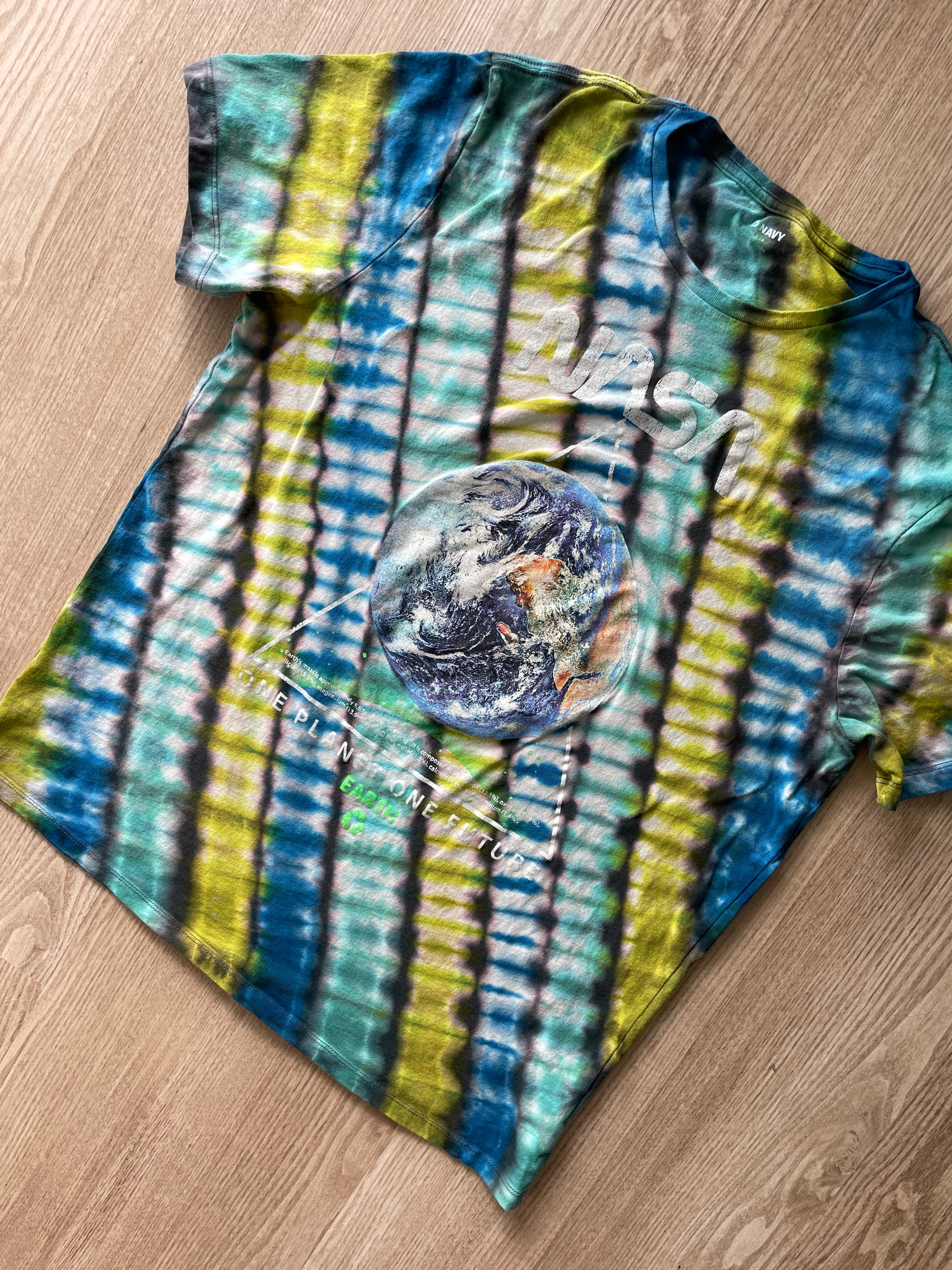 XL Men’s NASA Planet Earth Handmade Reverse Tie Dye T-Shirt | One-Of-a-Kind Gray, Green, and Blue Short Sleeve