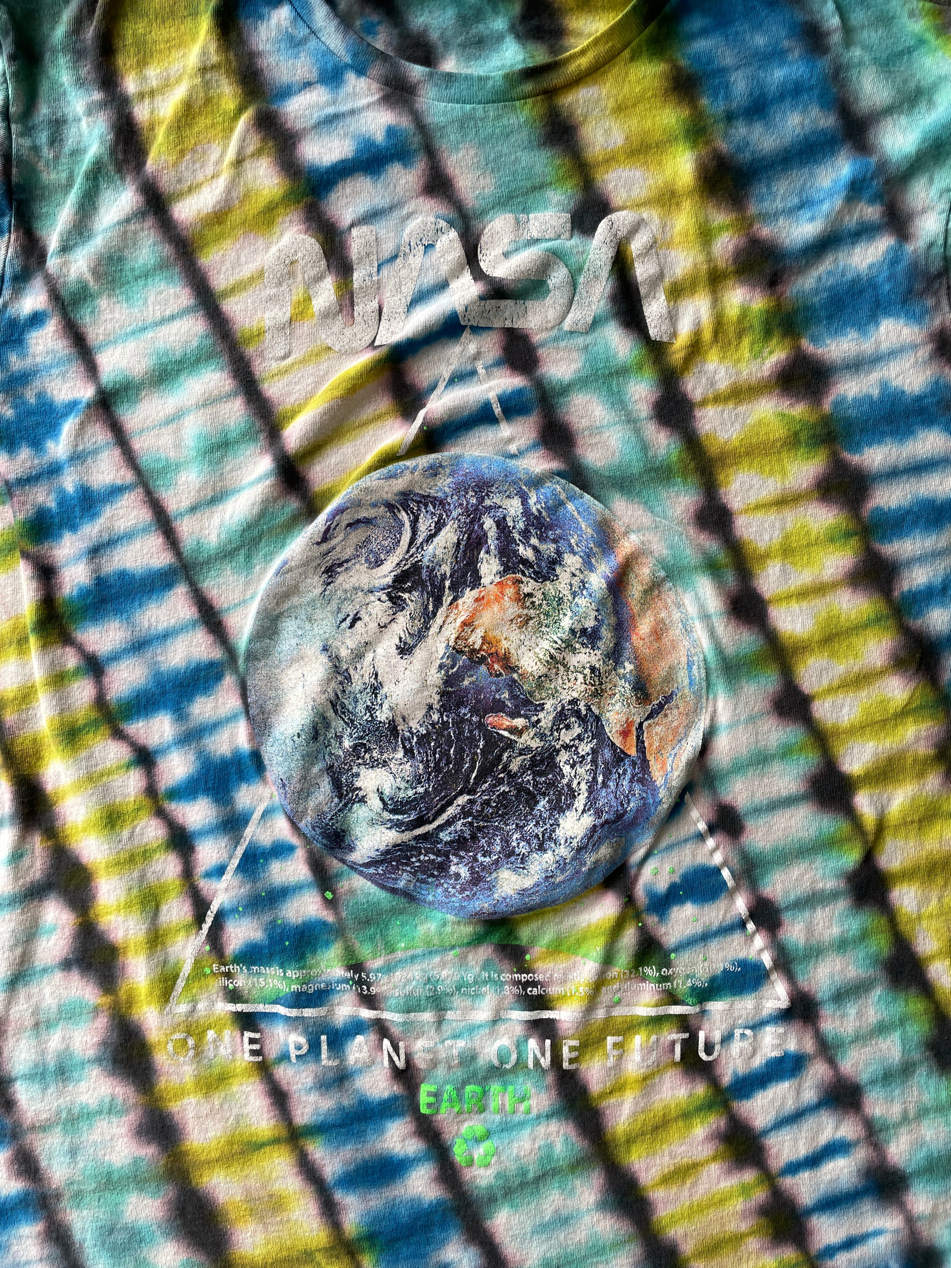XL Men’s NASA Planet Earth Handmade Reverse Tie Dye T-Shirt | One-Of-a-Kind Gray, Green, and Blue Short Sleeve