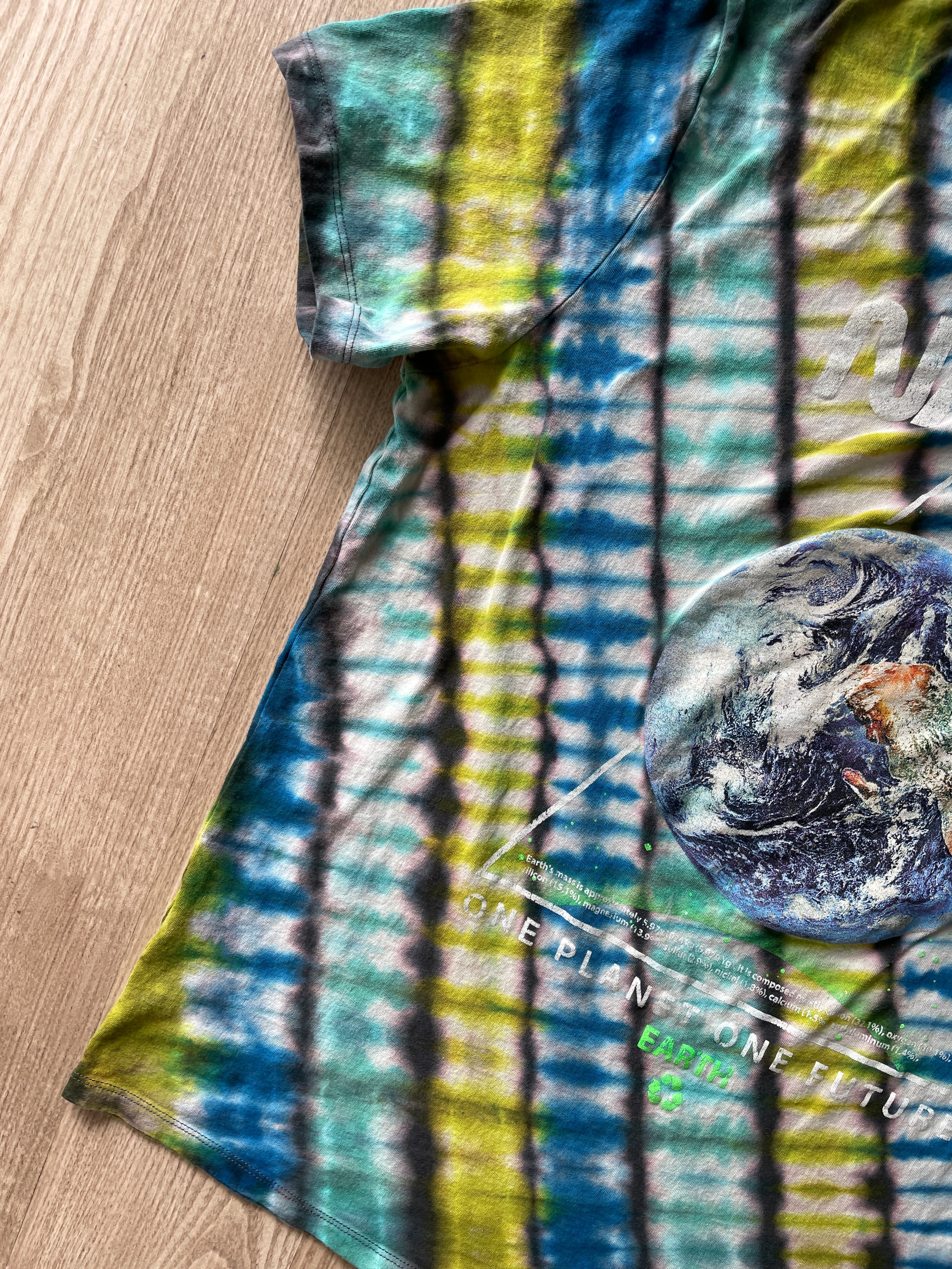 XL Men’s NASA Planet Earth Handmade Reverse Tie Dye T-Shirt | One-Of-a-Kind Gray, Green, and Blue Short Sleeve