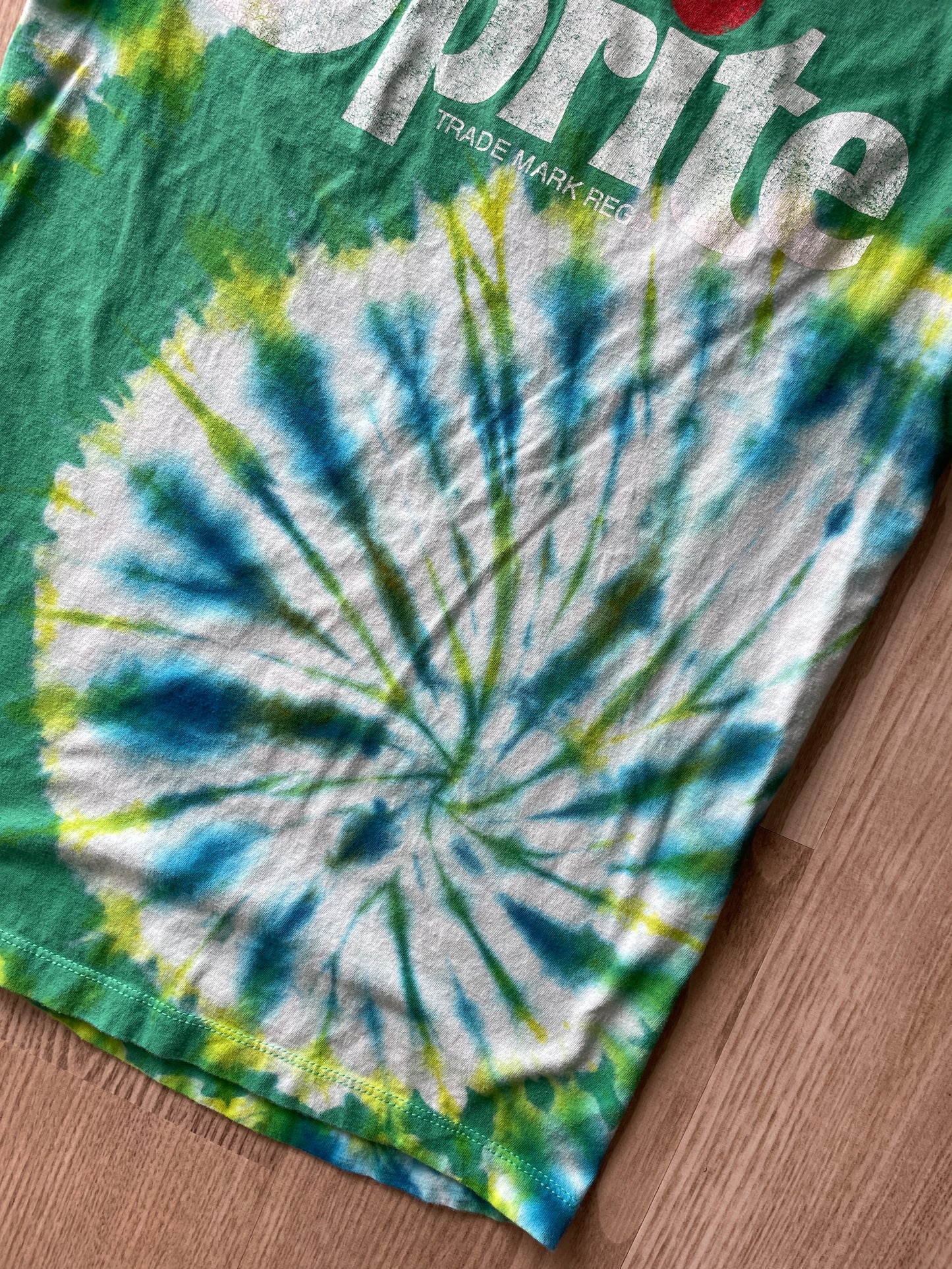 SMALL Men's Sprite Handmade Reverse Tie Dye T-Shirt | One-Of-a-Kind Green, White, and Blue Spiral Short Sleeve