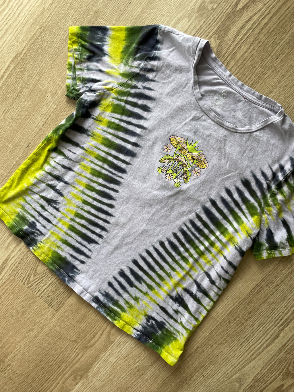 XL Women’s Serenity Planet Mushrooms Tie Dye Short Sleeve T-Shirt | One-Of-a-Kind Upcycled Purple, Green, and Black Pleated Top