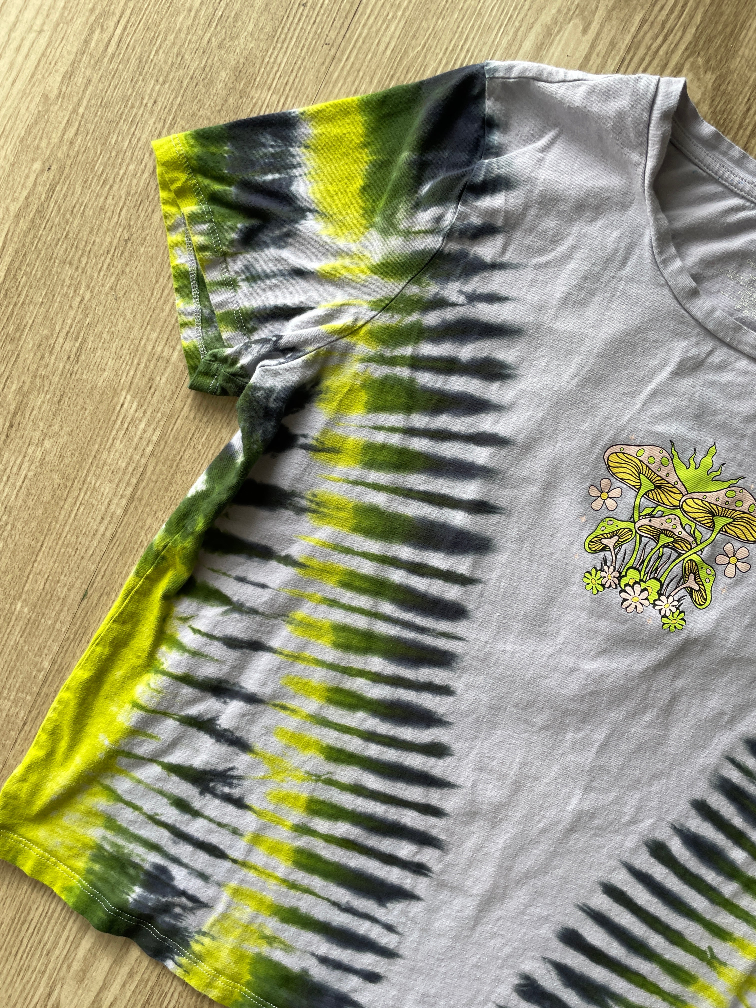 XL Women’s Serenity Planet Mushrooms Tie Dye Short Sleeve T-Shirt | One-Of-a-Kind Upcycled Purple, Green, and Black Pleated Top