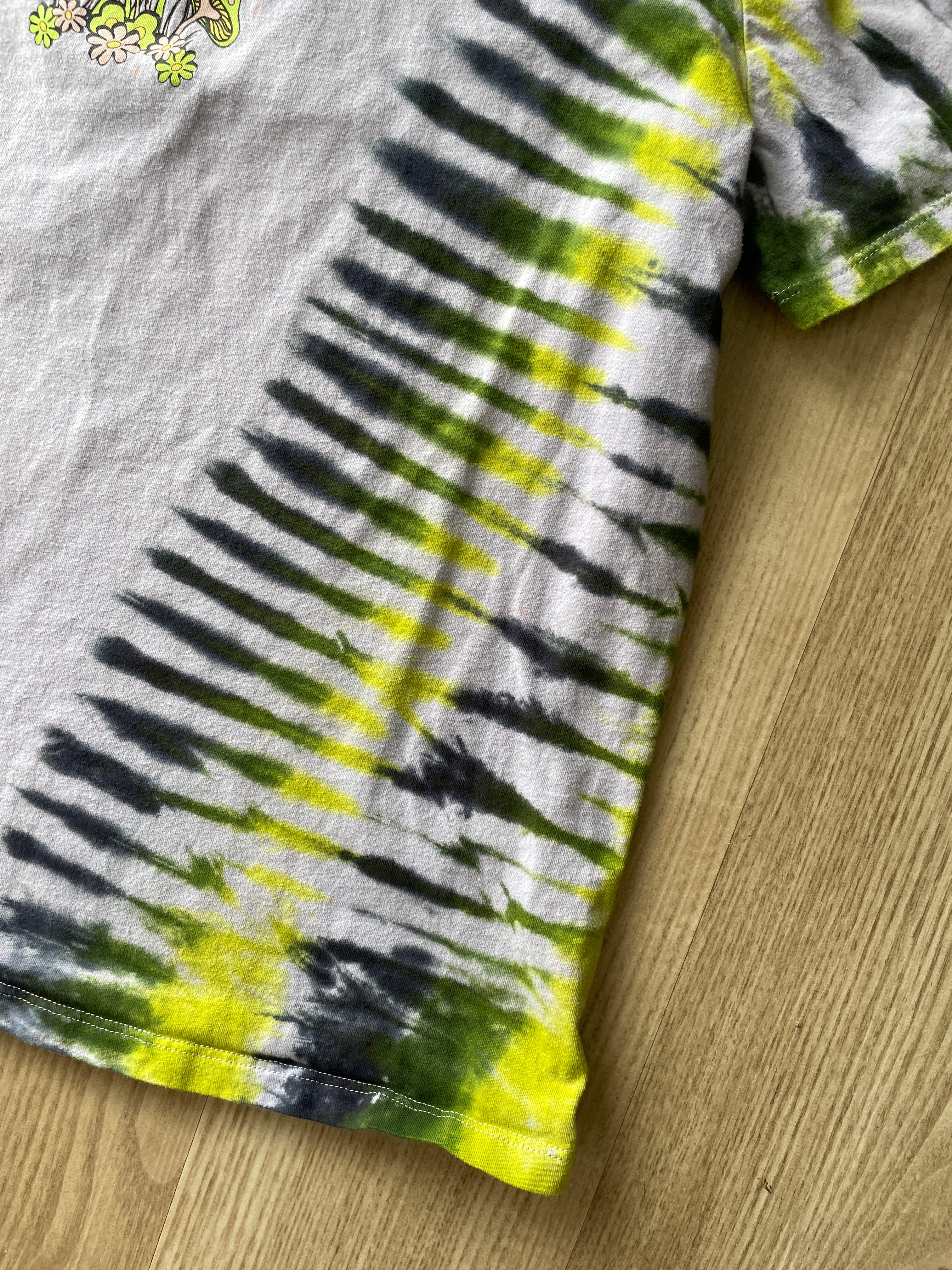 XL Women’s Serenity Planet Mushrooms Tie Dye Short Sleeve T-Shirt | One-Of-a-Kind Upcycled Purple, Green, and Black Pleated Top