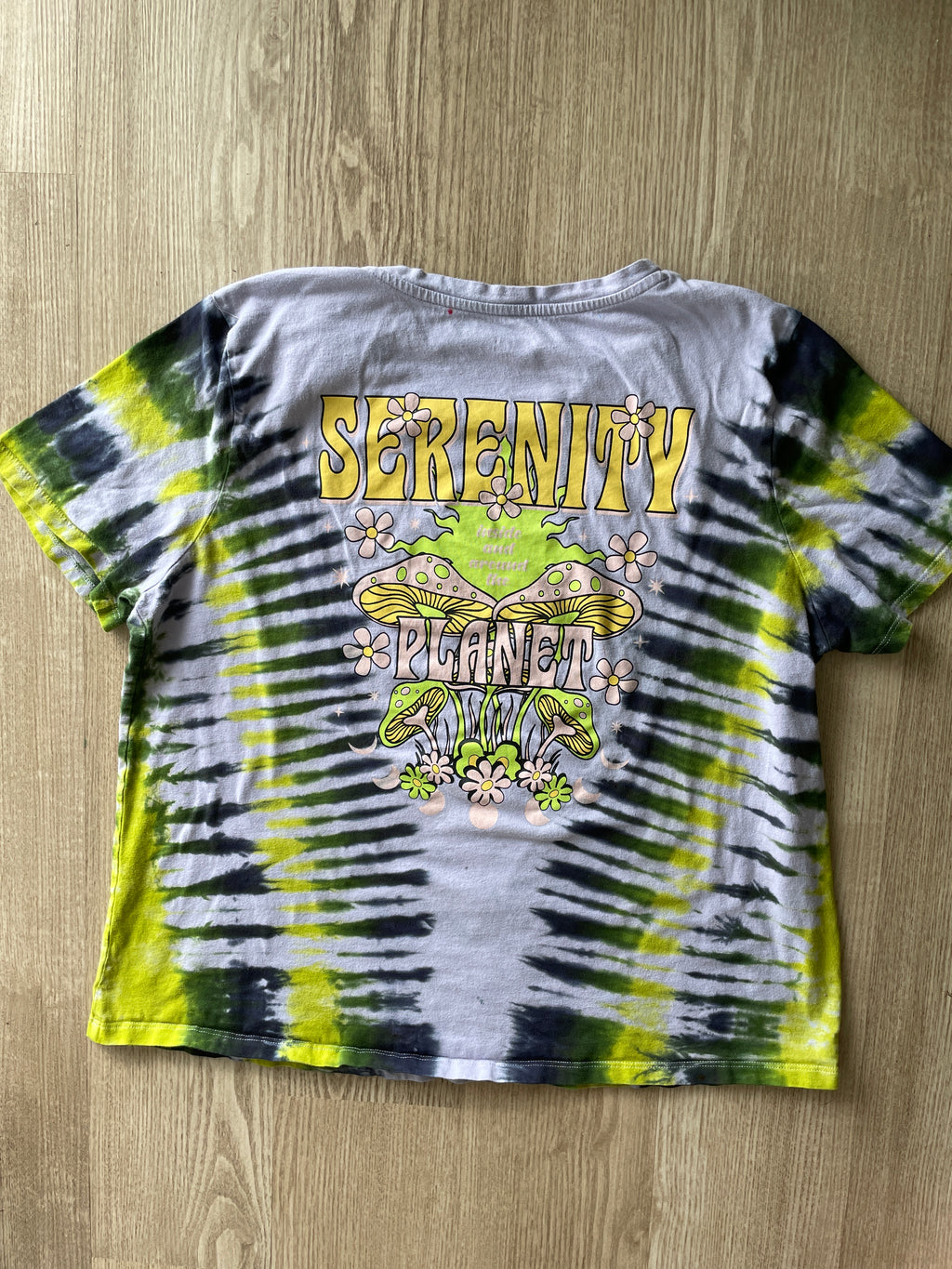 XL Women’s Serenity Planet Mushrooms Tie Dye Short Sleeve T-Shirt | One-Of-a-Kind Upcycled Purple, Green, and Black Pleated Top