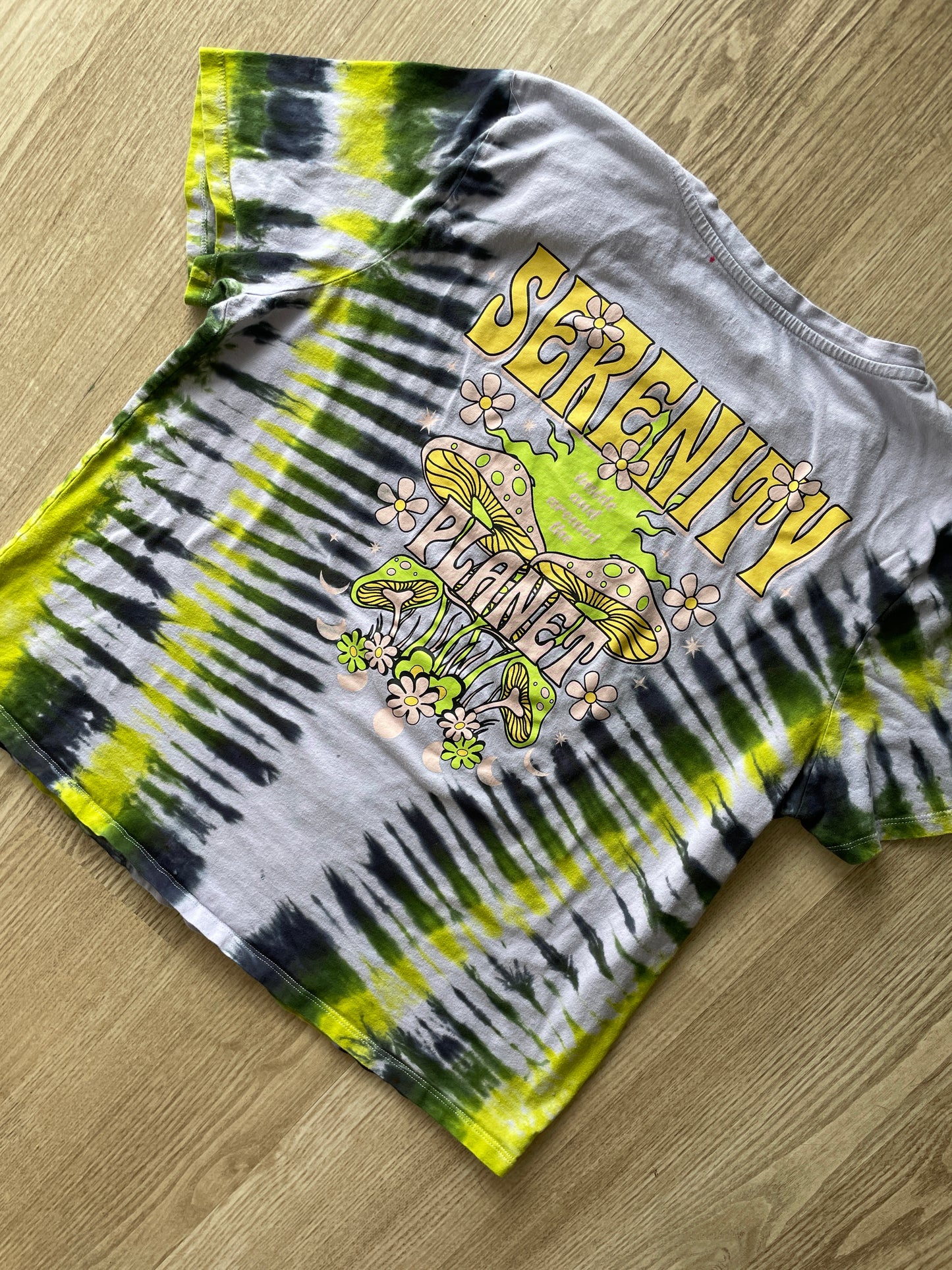 XL Women’s Serenity Planet Mushrooms Tie Dye Short Sleeve T-Shirt | One-Of-a-Kind Upcycled Purple, Green, and Black Pleated Top