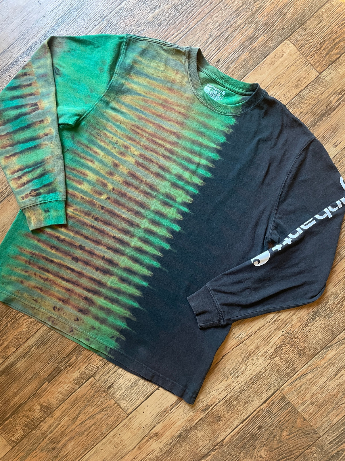 Carhartt Loose Fit Black & Green Tie Dye Long Sleeve T-Shirt | Men's Medium